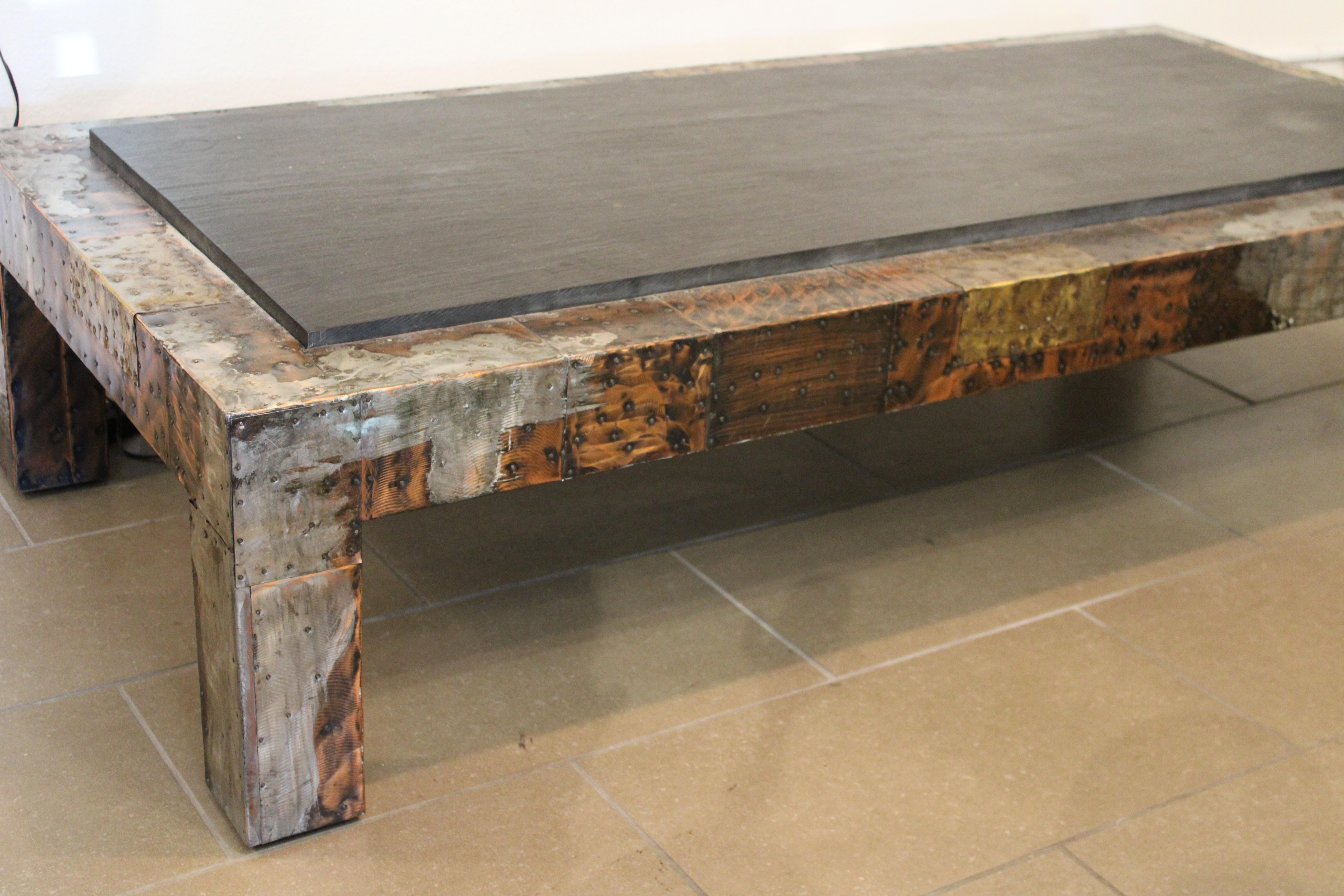 American Large Slate Top Patchwork Coffee Table by Paul Evans For Sale
