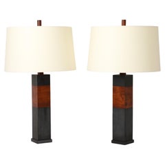 Large Slate & Walnut Tables Lamps, USA 1950's