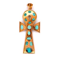 Large Sleeping Beauty Gold and Turquoise Statement Ankh Cross Pendant