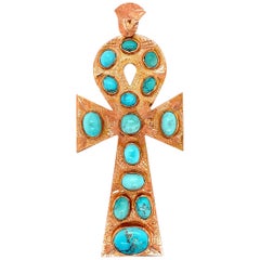 Vintage Large Sleeping Beauty Gold and Turquoise Statement Ankh Cross Pendant