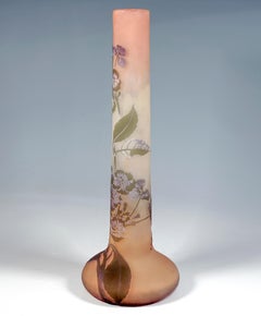 Large Slender Émile Gallé Art Nouveau Vase with Hydrangea Decor, France, c 1906