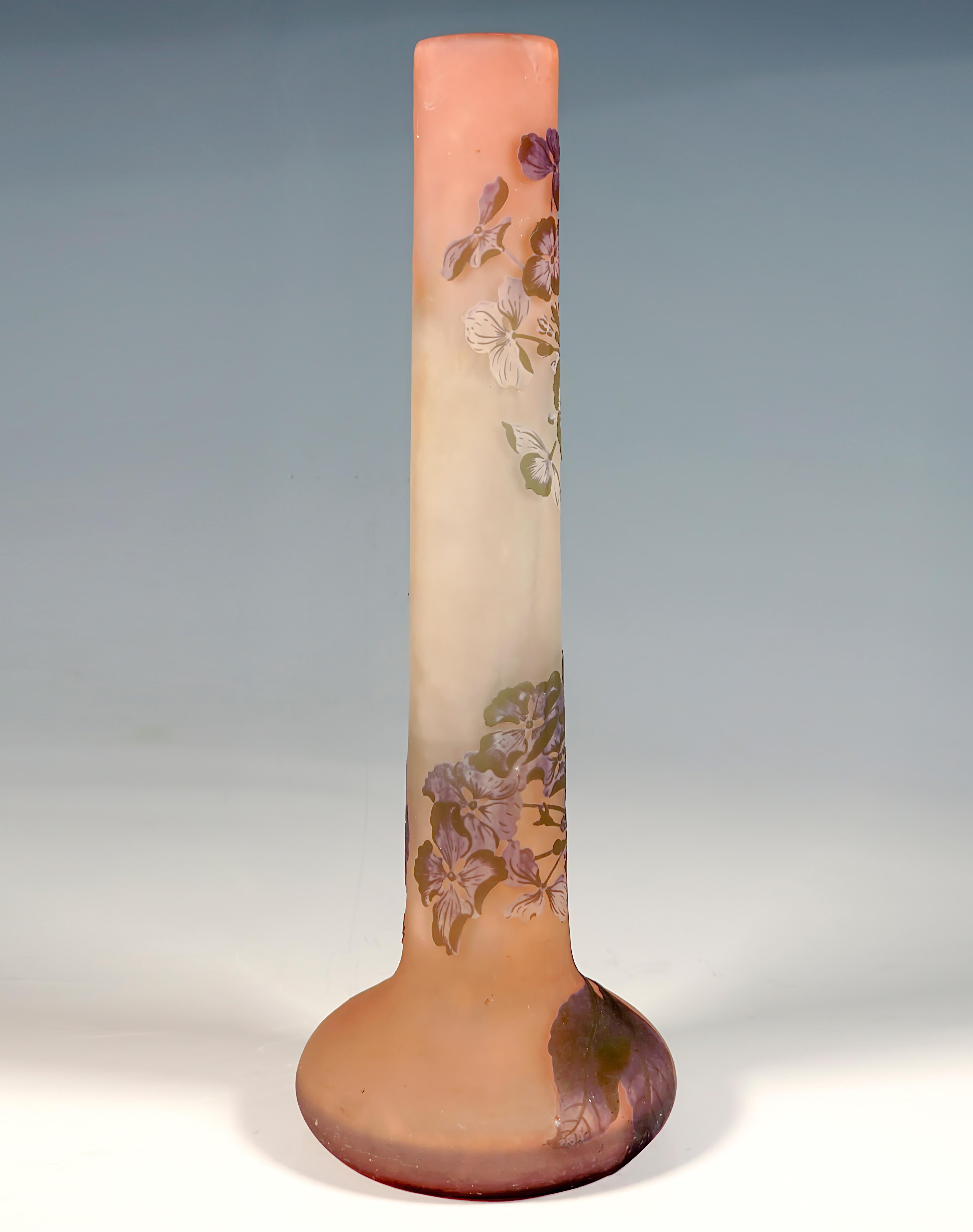 Etched Large Slender Émile Gallé Art Nouveau Vase with Hydrangea Decor, France, c 1906 For Sale