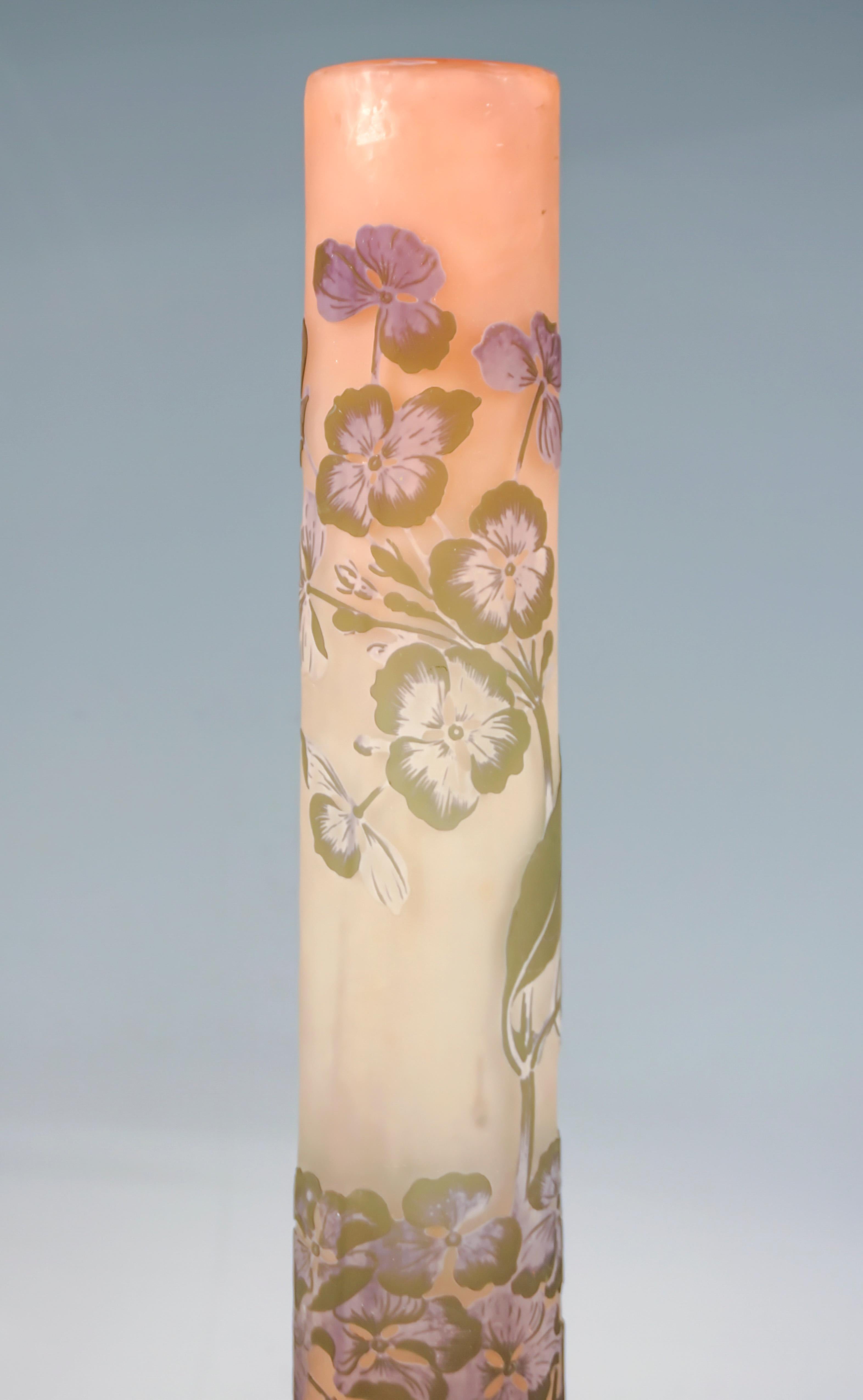 Glass Large Slender Émile Gallé Art Nouveau Vase with Hydrangea Decor, France, c 1906 For Sale