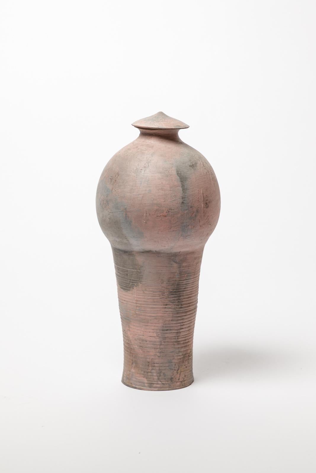 French Large smoked ceramic grey decorative box or pot by ATOI circa 2010 35 cm unique For Sale