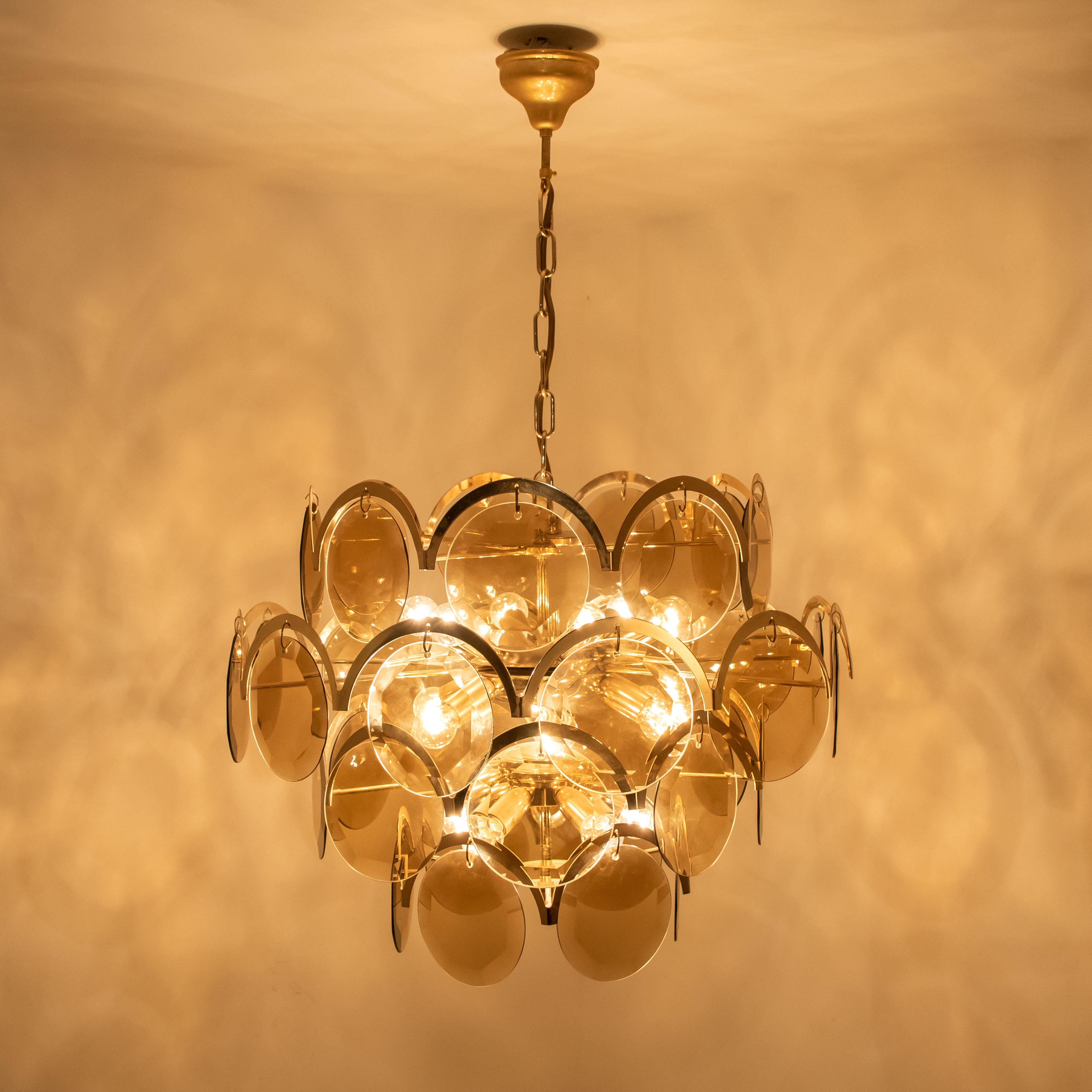 Italian Large Smoked Glass and Brass Chandelier in the Style of Vistosi, Italy For Sale