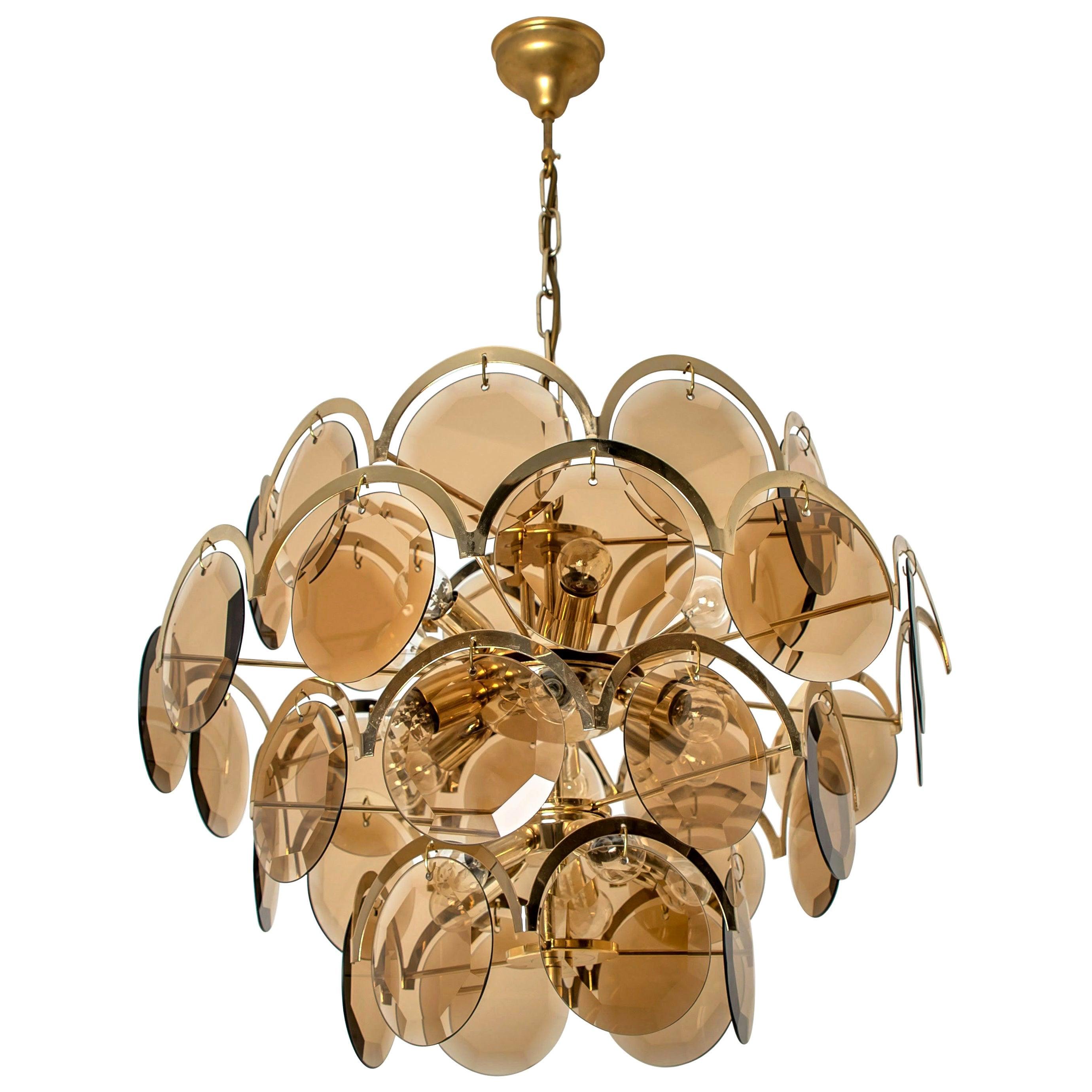 Large Smoked Glass and Brass Chandelier in the Style of Vistosi, Italy