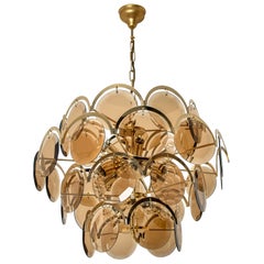 Large Smoked Glass and Brass Chandelier in the Style of Vistosi, Italy