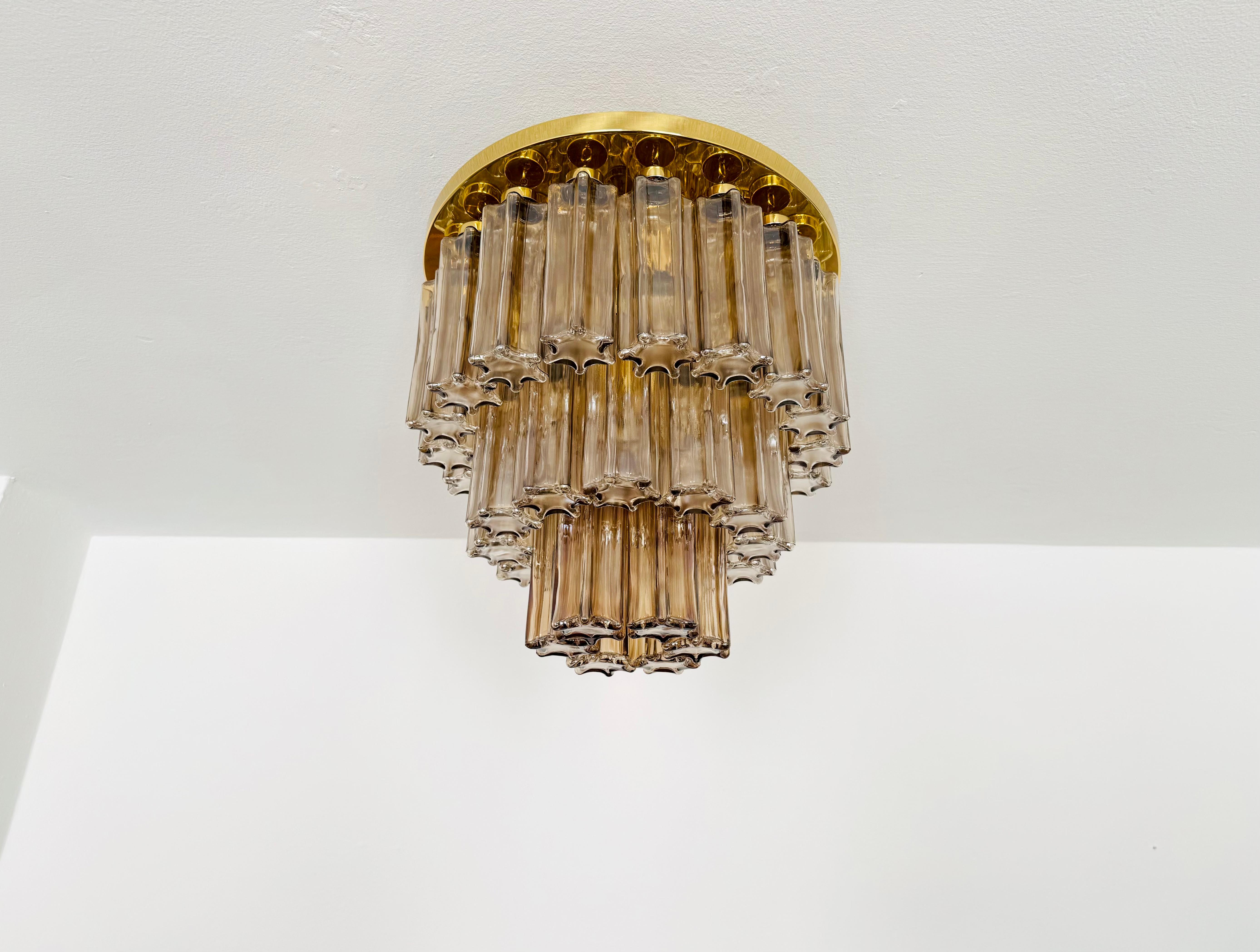 Grande lampadario a filo in vetro fumé e ottone di Glashütte Limburg In condizioni buone in vendita a München, DE