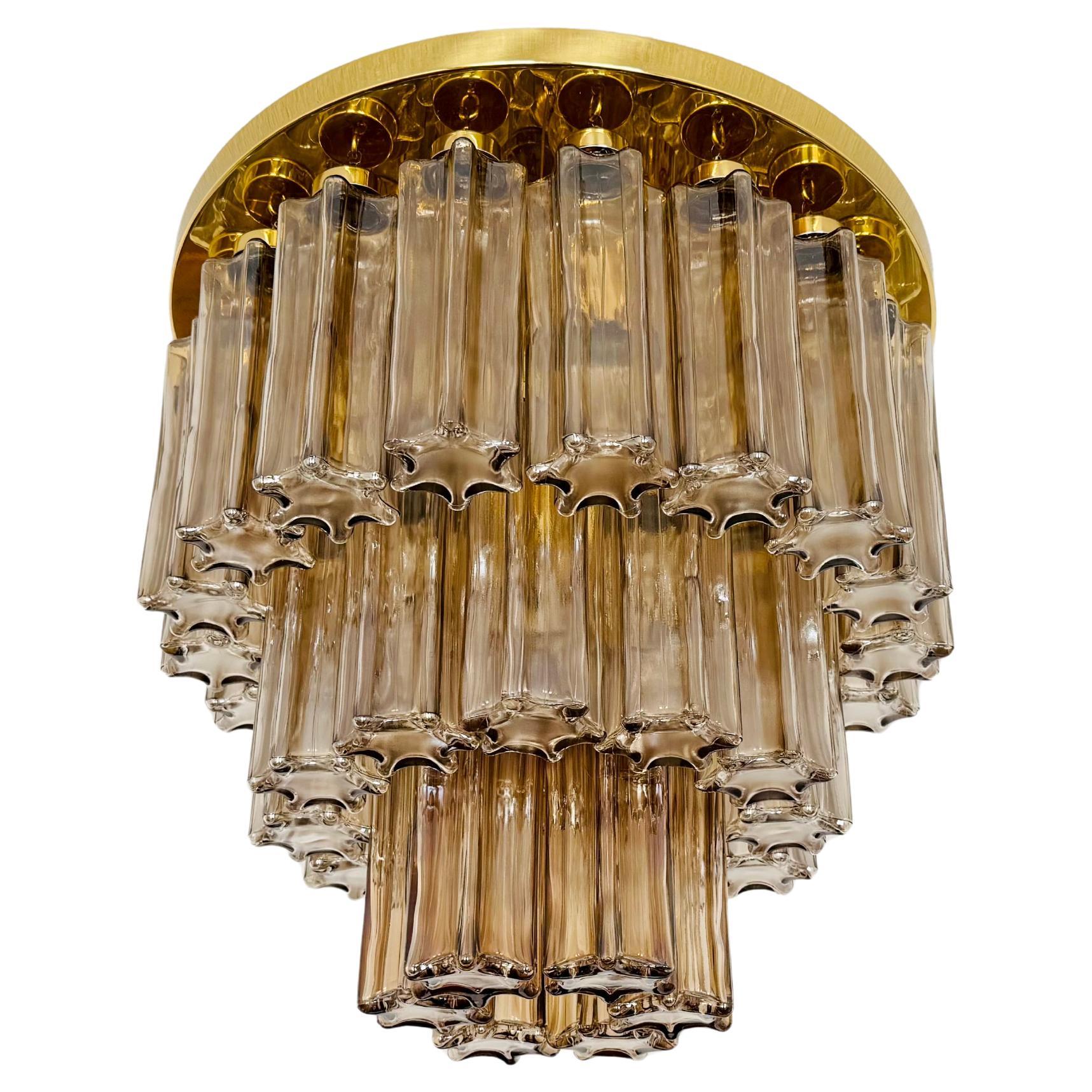 Grande lampadario a filo in vetro fumé e ottone di Glashütte Limburg