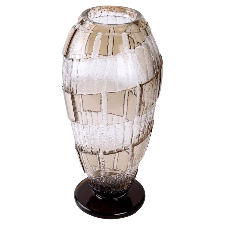 Large Smoked Glass Vase Geometric decorations Signed Schneider