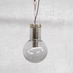 Large Smoked Midcentury Glass and Brass Pendant Lights by RAAK '2 Available'