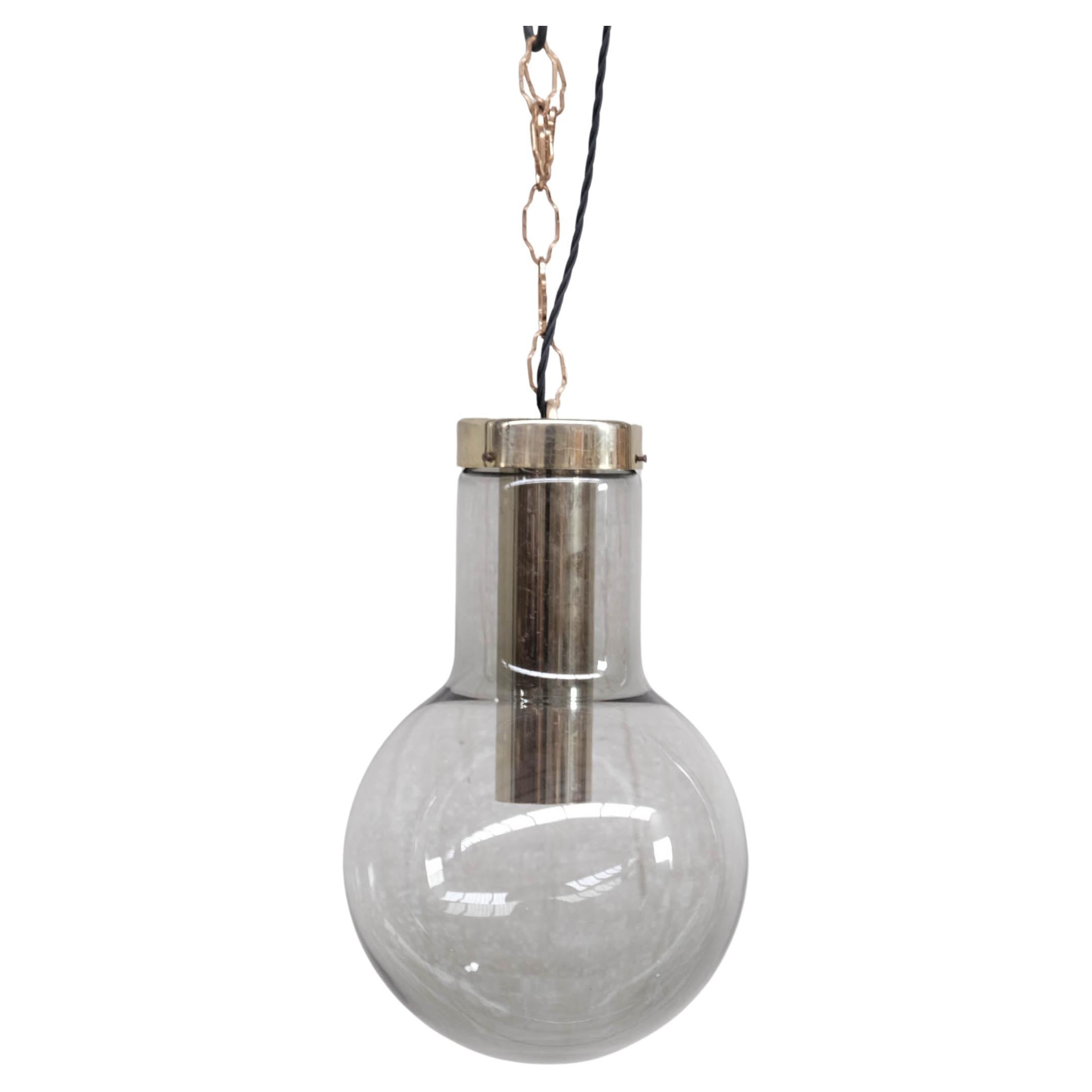 Large Smoked Midcentury Glass and Brass Pendant Lights by RAAK '2 Available' For Sale