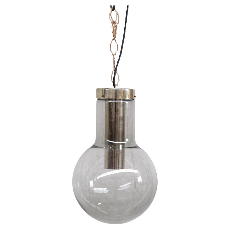 Large Smoked Midcentury Glass and Brass Pendant Lights by RAAK '2