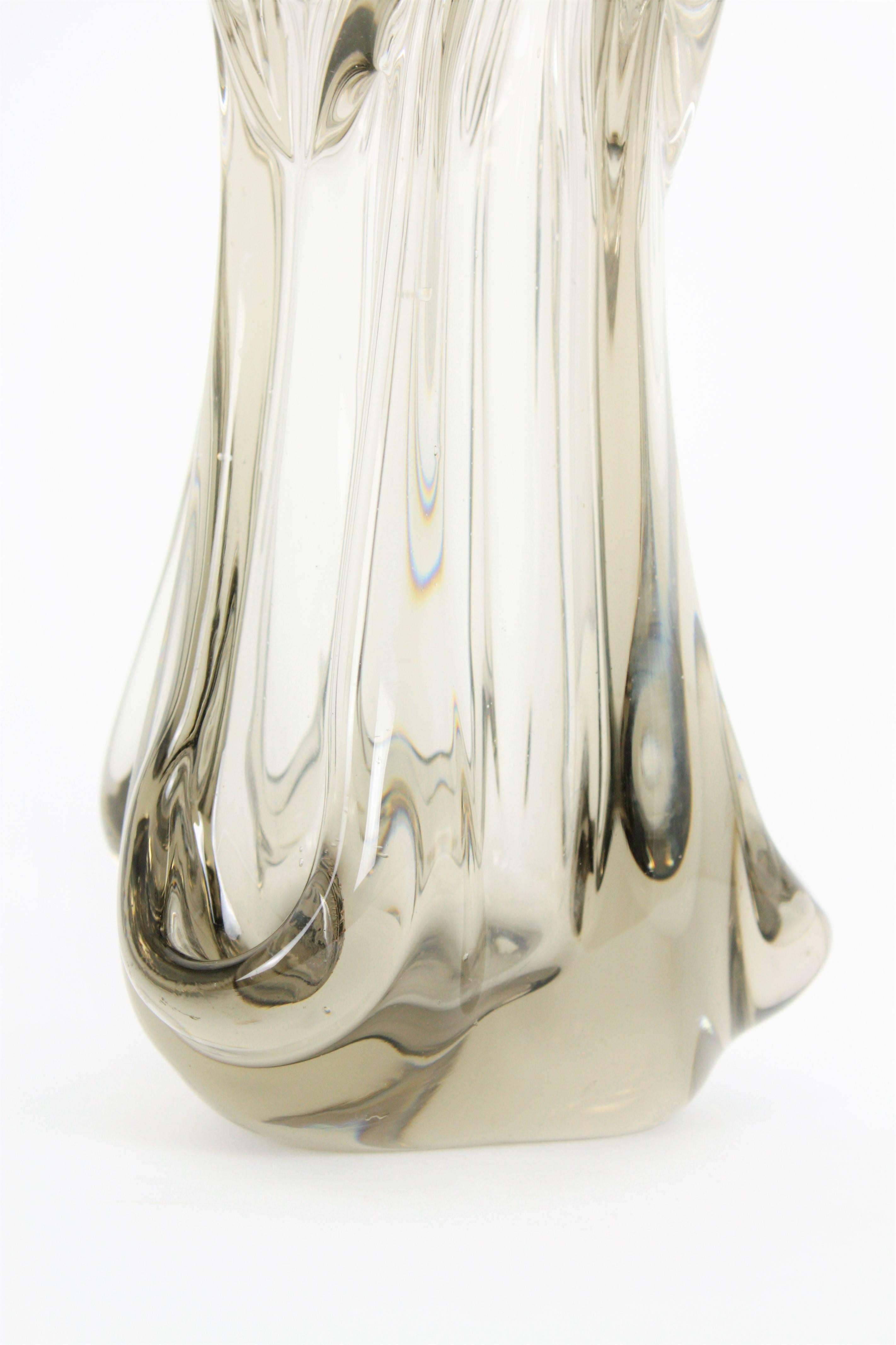 Italian Large Midcentury Murano Smoke Clear Art Glass Vase For Sale