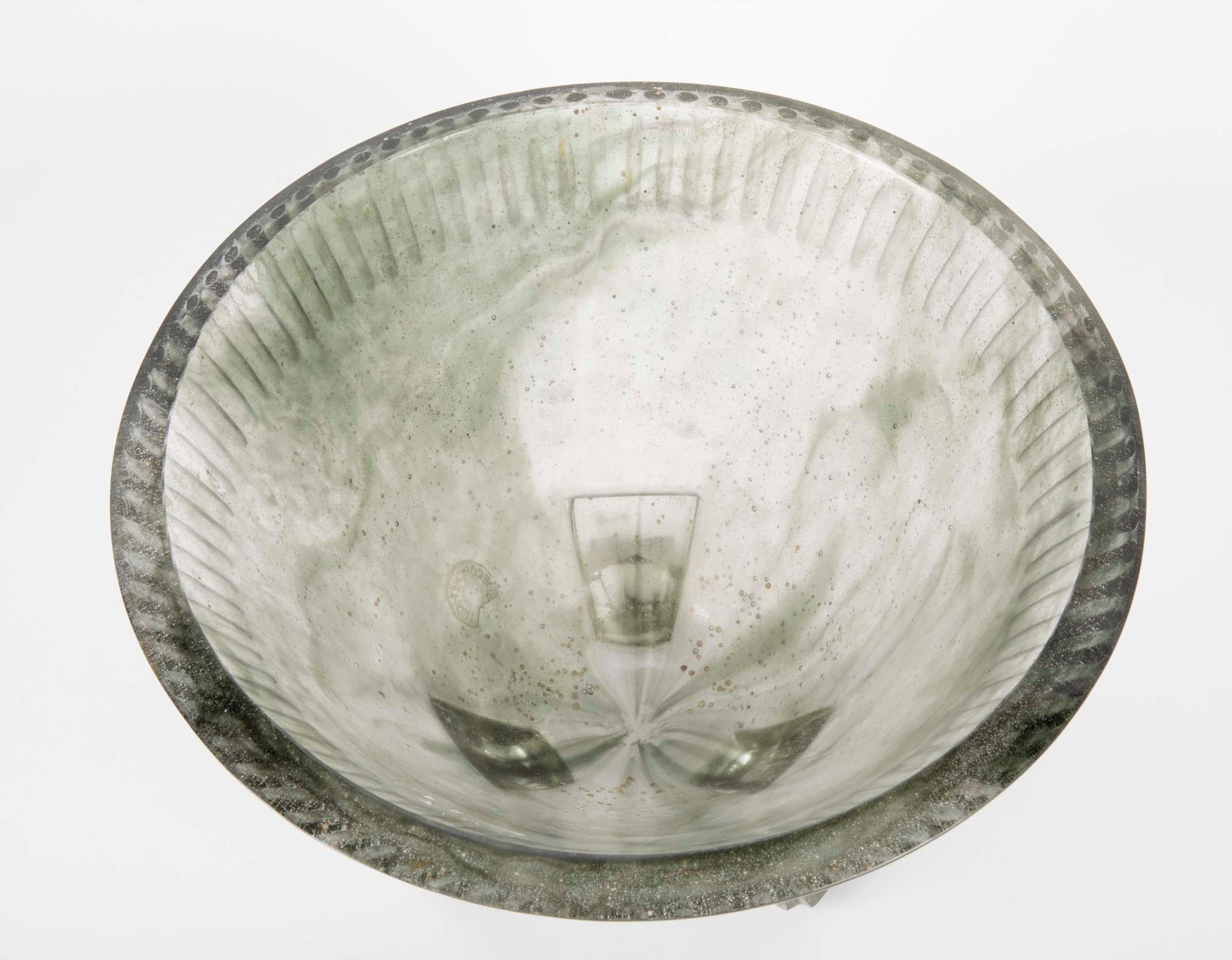 Art Deco Large Smokey Grey Pate De Verre Glass Footed Bowl by Francois Decorchemont