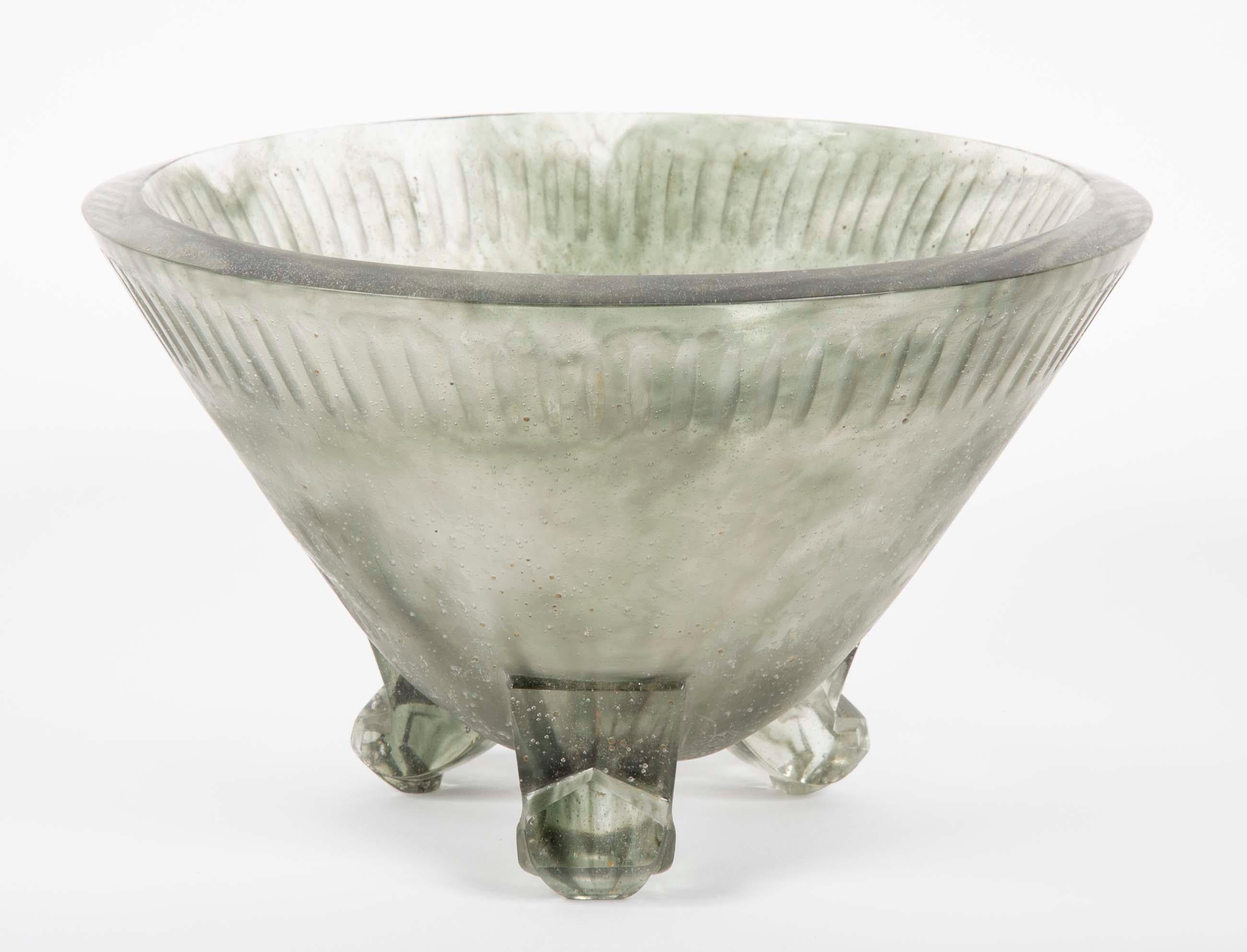 Large Smokey Grey Pate De Verre Glass Footed Bowl by Francois Decorchemont In Good Condition In Stamford, CT