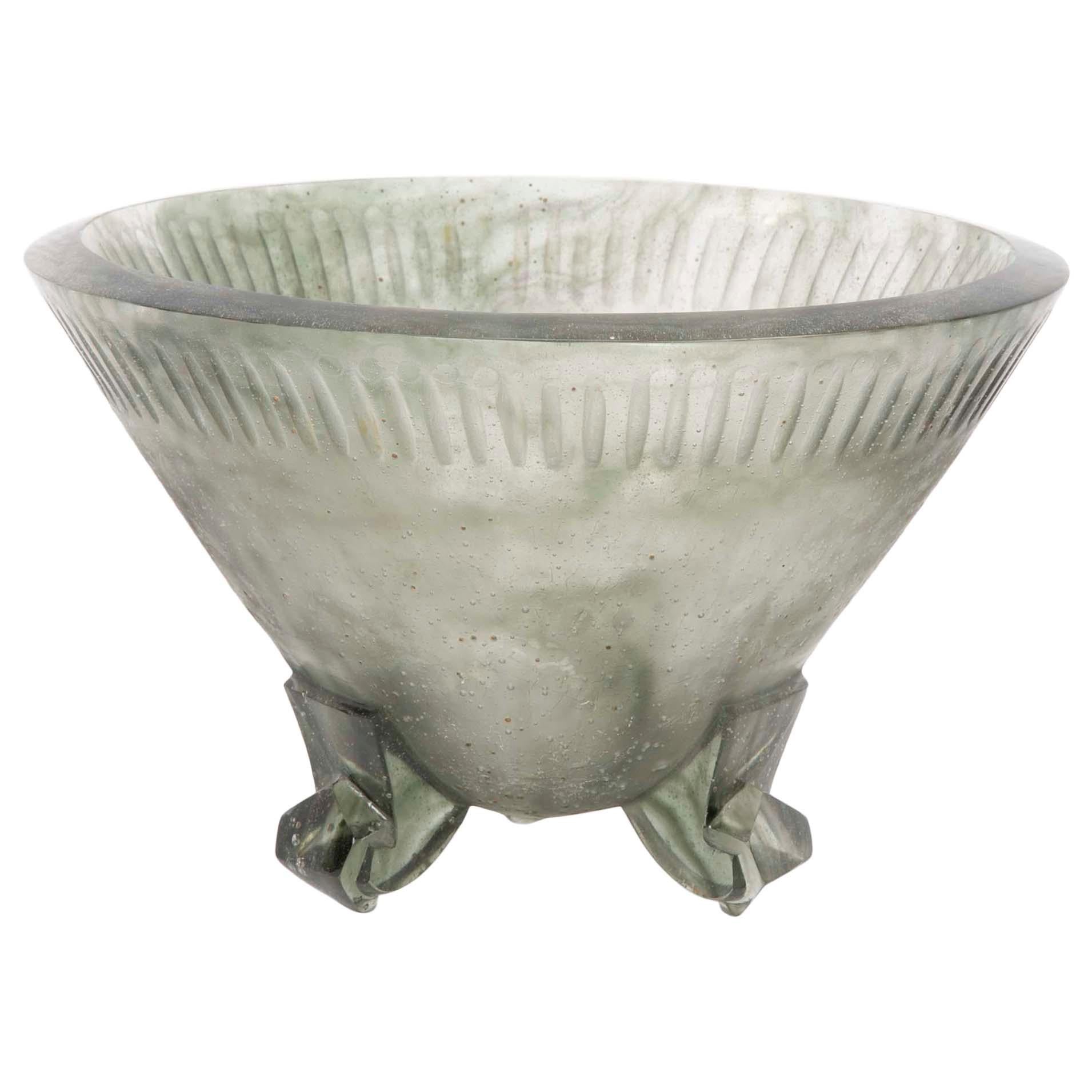 Large Smokey Grey Pate De Verre Glass Footed Bowl by Francois Decorchemont