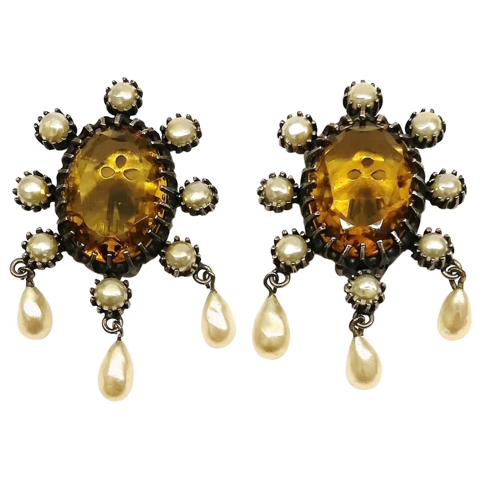 Large smokey quartz and pearl drop earrings, Mitchel Maer by Christian Dior.