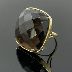 Large Smoky Quartz Checkboard Cabochon 14k Yellow Gold Ring