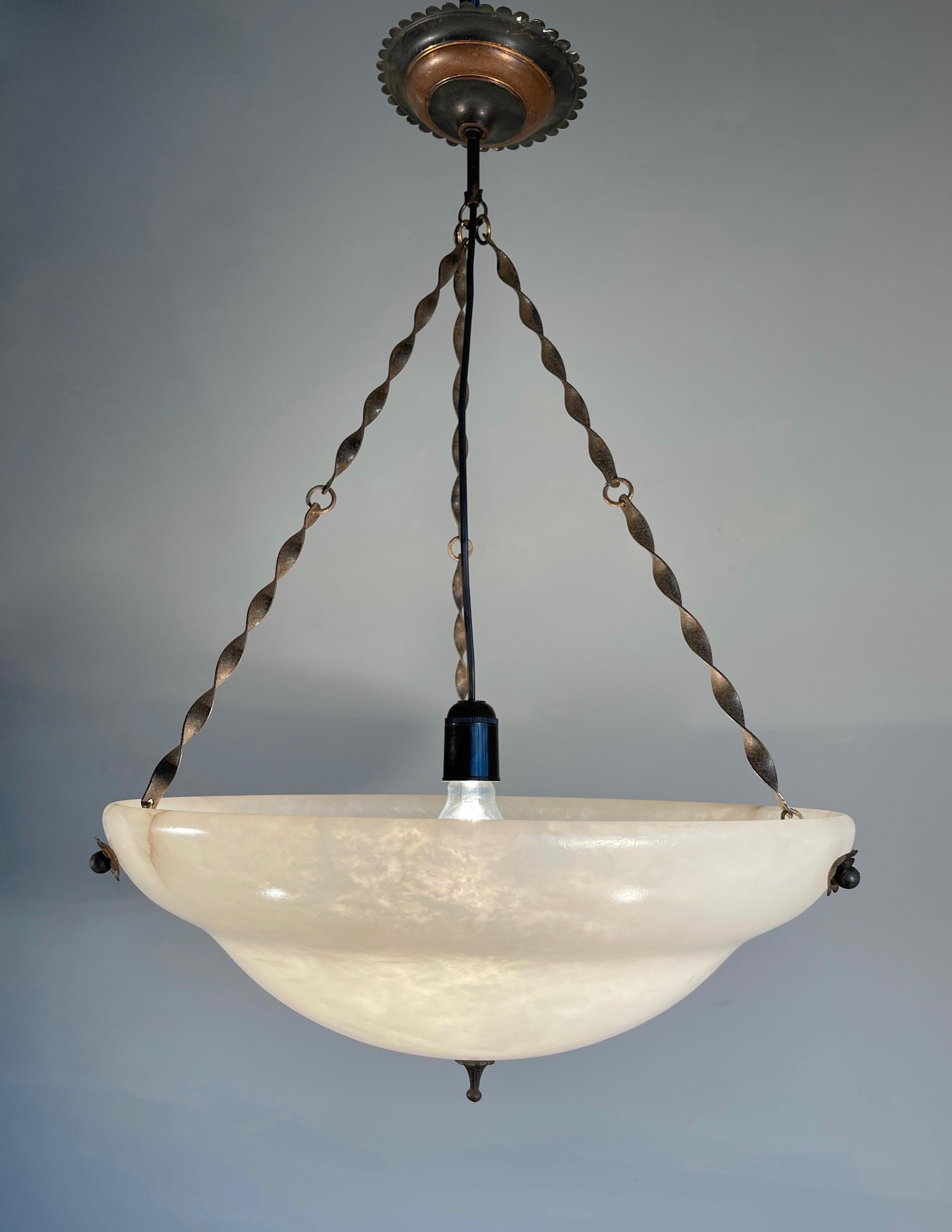 Italian Large Snowy White Alabaster Pendant Light/ Chandelier with Special Twisted Chain