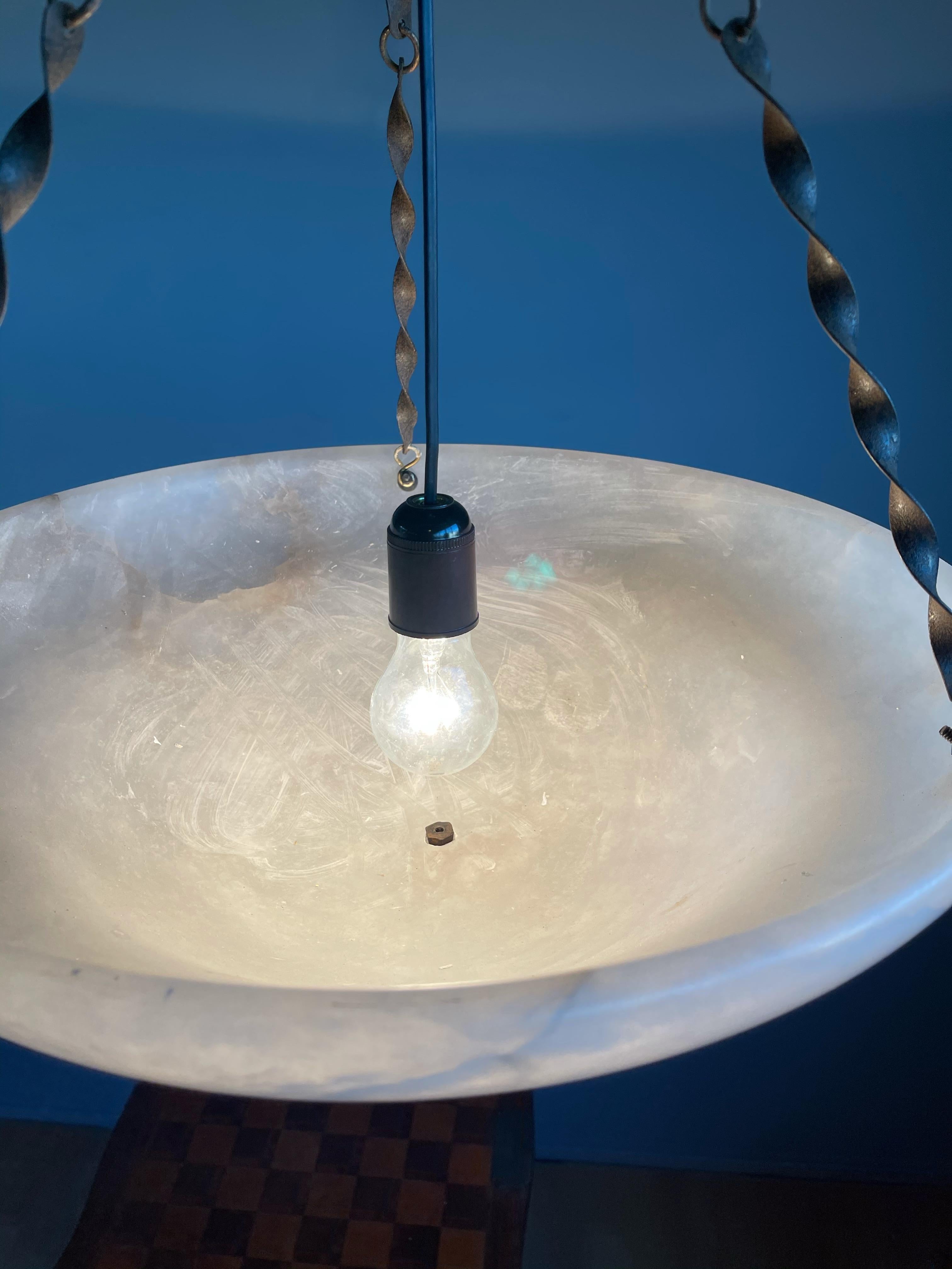 Blackened Large Snowy White Alabaster Pendant Light/ Chandelier with Special Twisted Chain