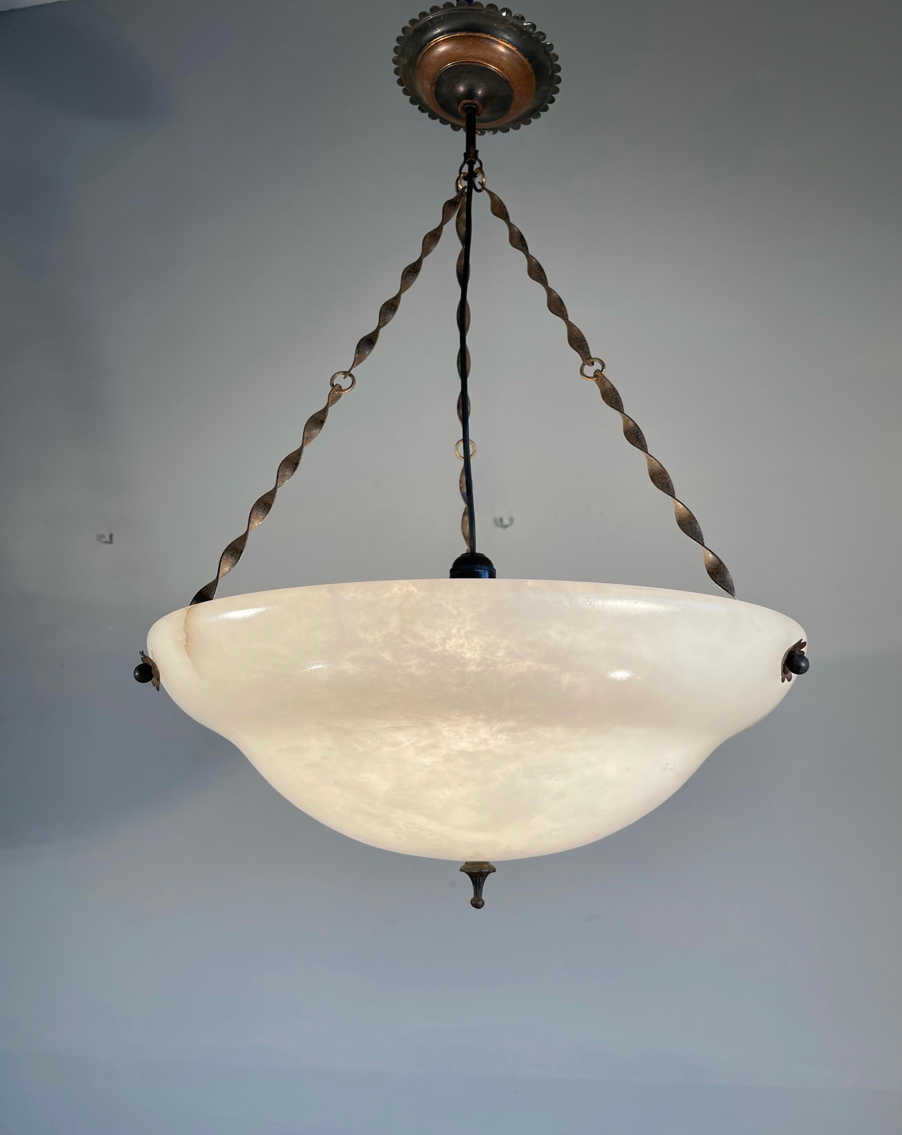 Mid-20th Century Large Snowy White Alabaster Pendant Light/ Chandelier with Special Twisted Chain
