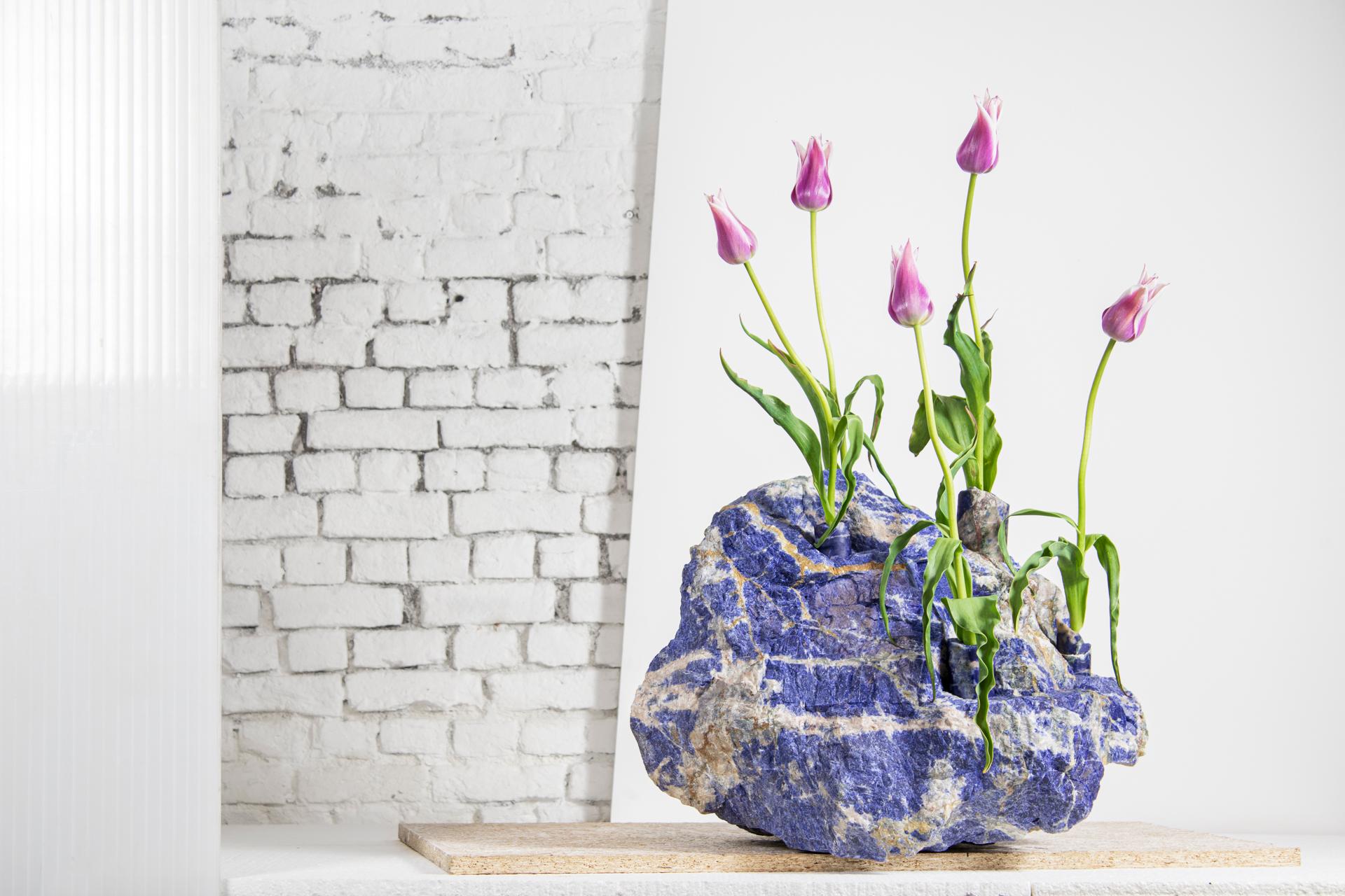 Large Sodalite Tulip Vase by Studio DO
Dimensions: D 55 x W 36 x H 41 cm
Materials: Sodalite, stainless steel.
109 kg.

Flowers are intrinsically connected with composition and earth.
Influenced by varied vessels from past to present such as the