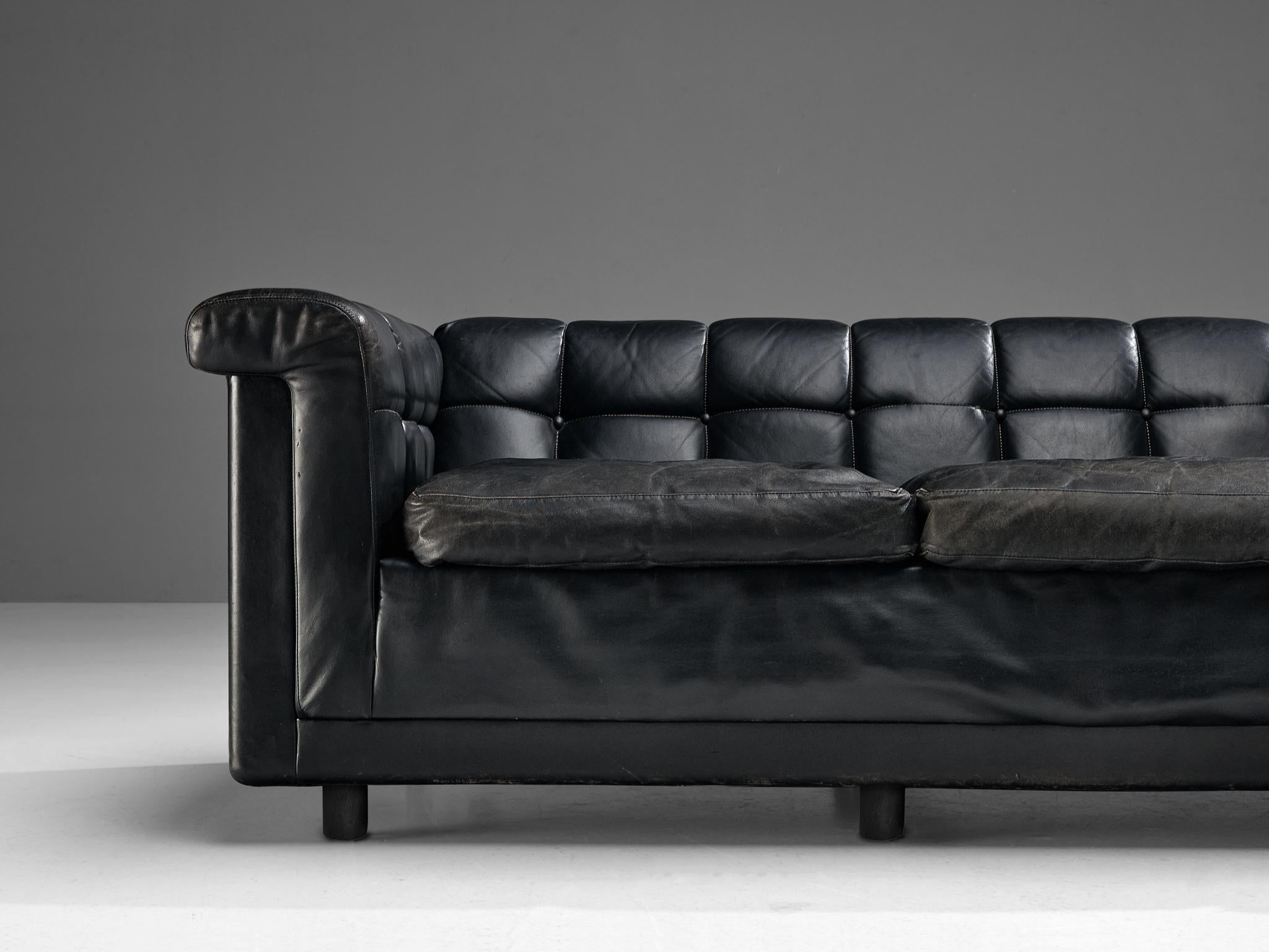 Mid-Century Modern Large Sofa in Black Leather