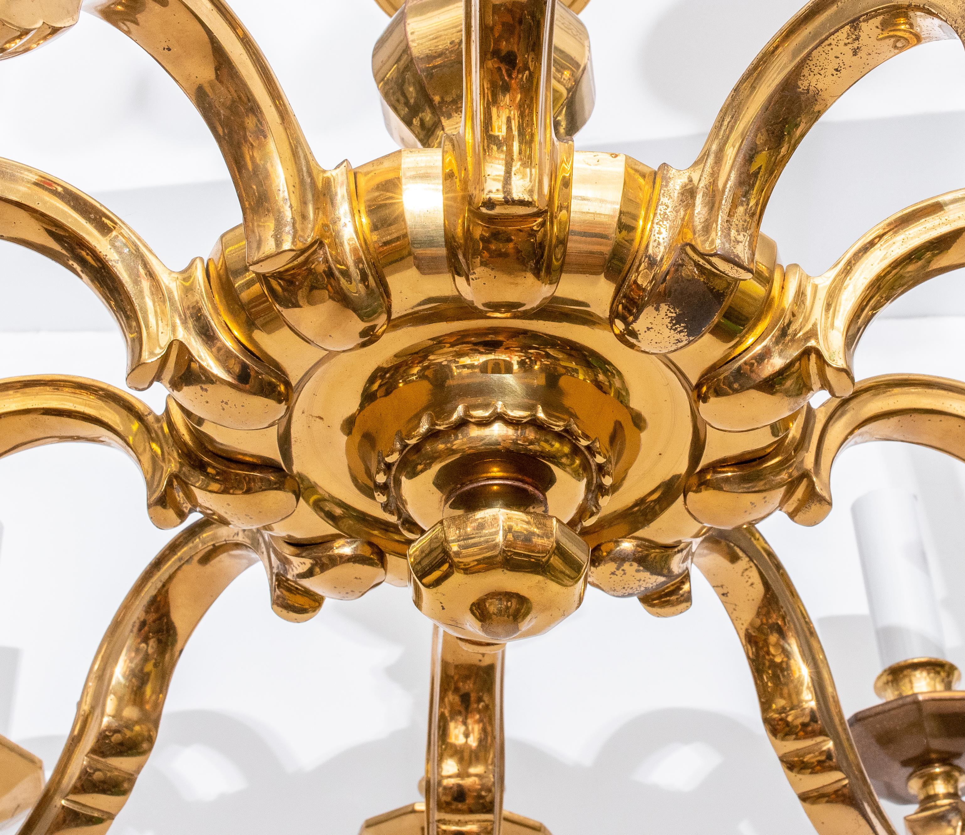 Mid-Century Modern Large Solid Brass 10 Arm Chandelier