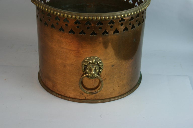 Large Solid Brass and Copper Cachepot Planter Log Holder Lion Handles For Sale at 1stDibs