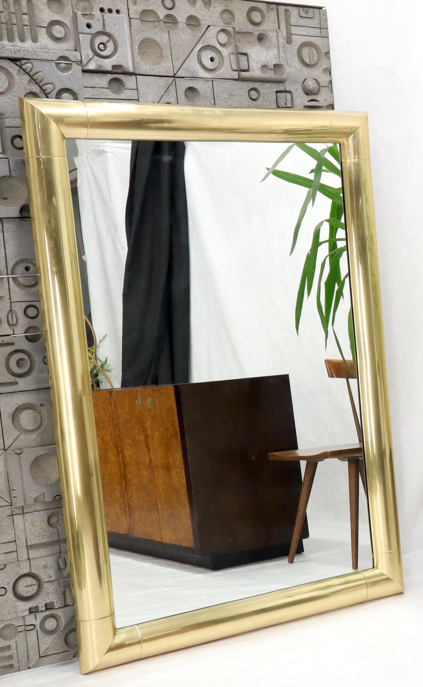 Mid-Century Modern Large Solid Brass Half Round Profile Frame Rectangular Wall Mirror For Sale