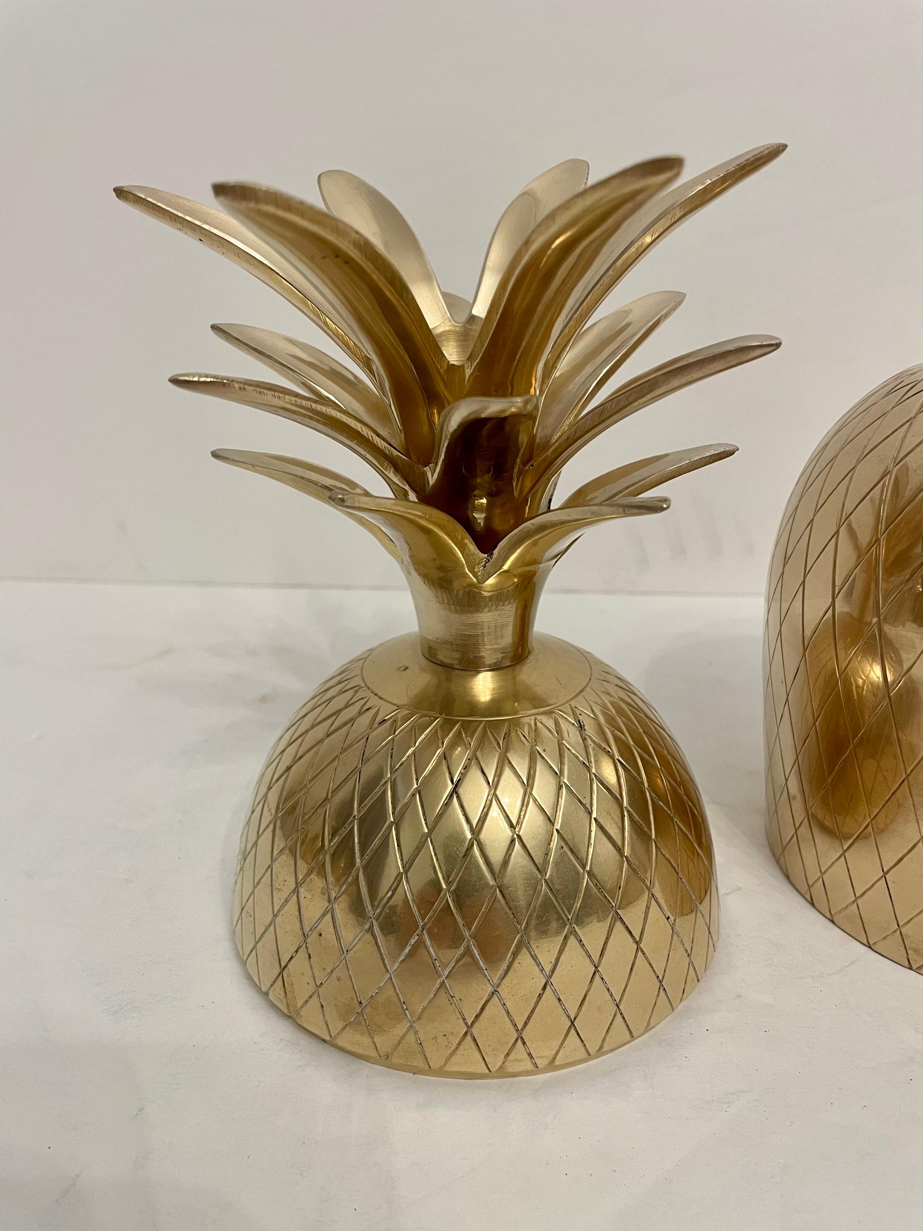 Brass pineapple shaped covered container. Good overall condition. Any dark areas in photos is reflection. Hand polished. Measures: 11.5” tall x 5.25” diameter.