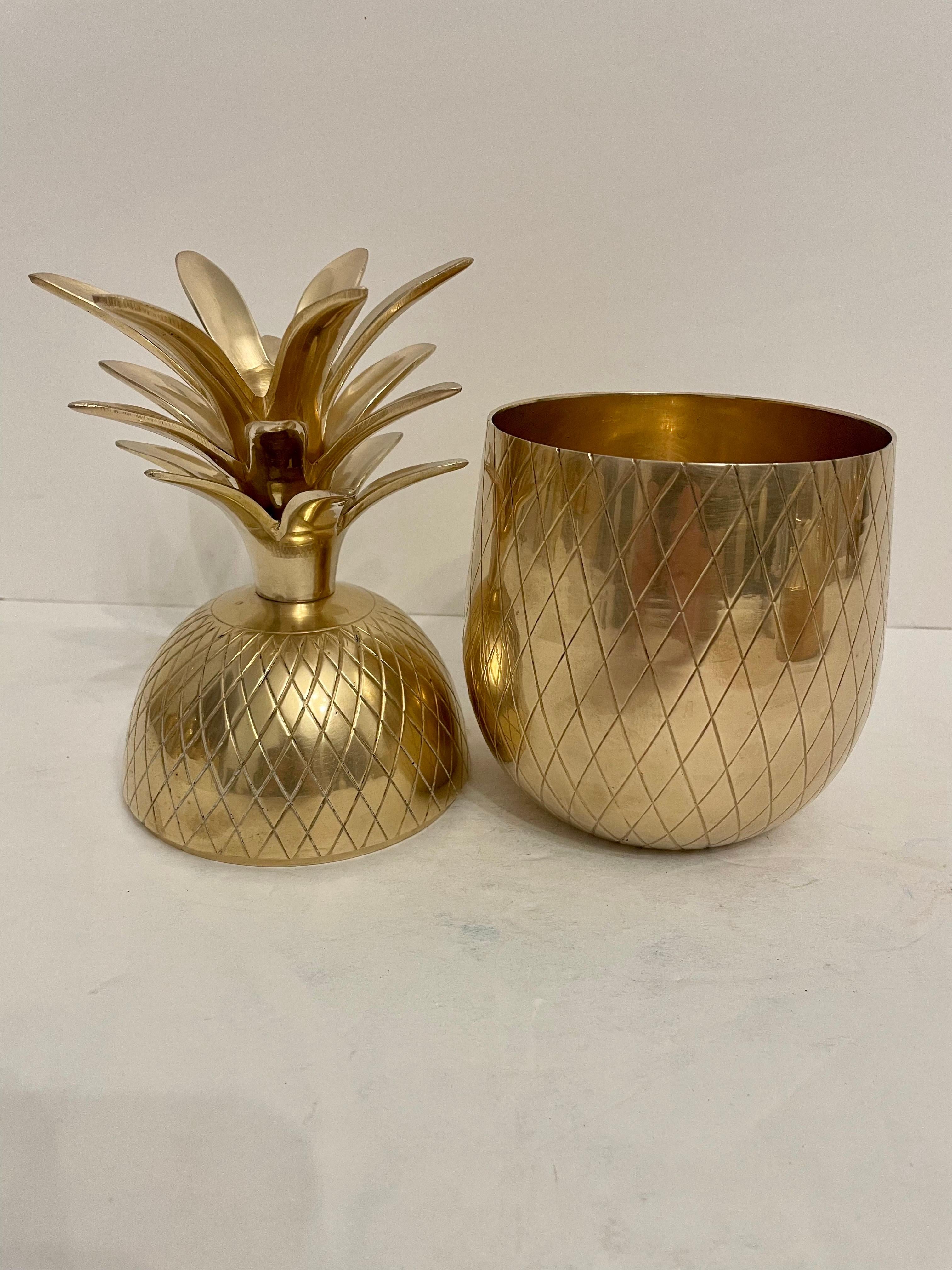 Hollywood Regency Large Solid Brass Pineapple Covered Container For Sale