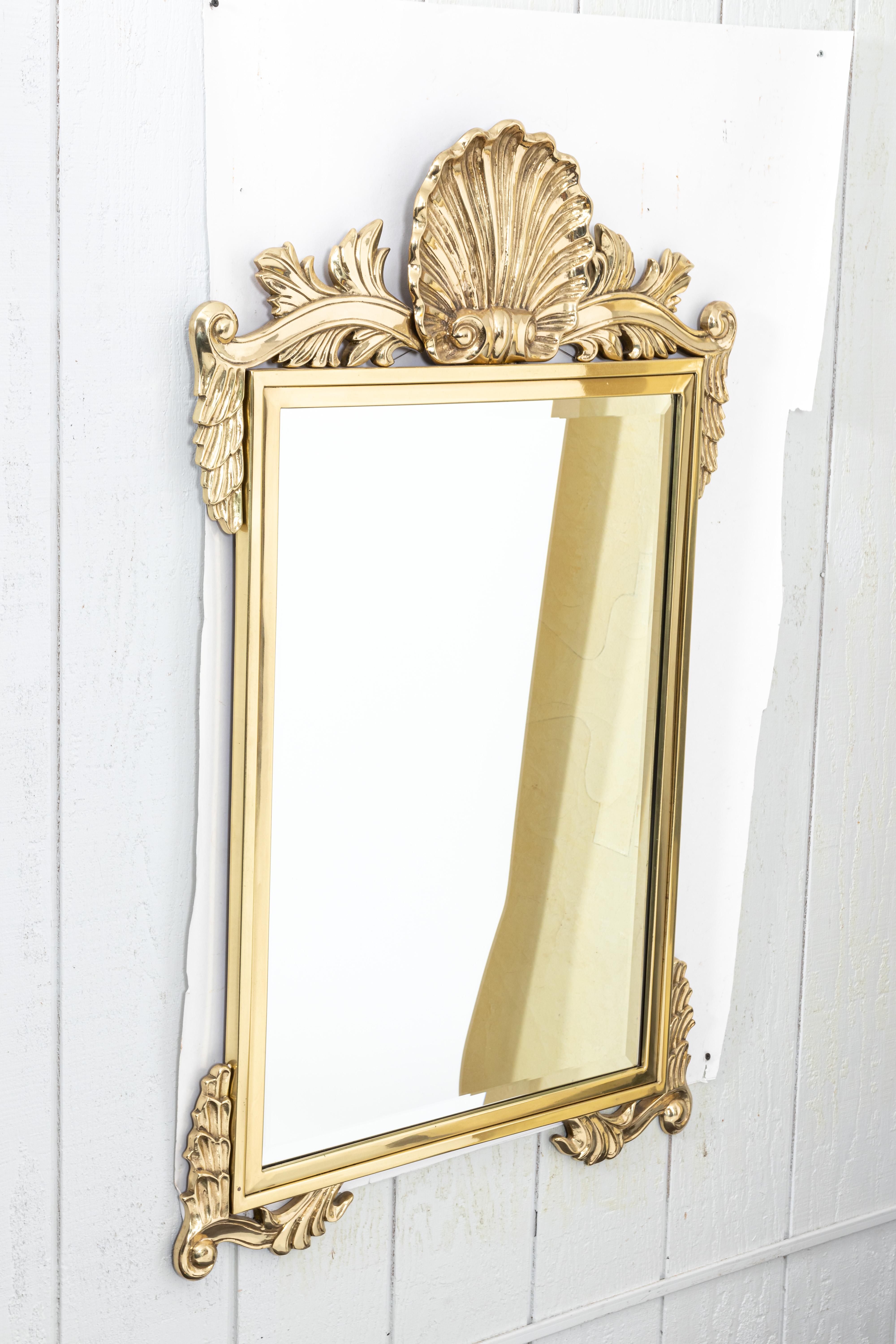 Neoclassical Revival Large Solid Brass Shell Motif Beveled Mirror