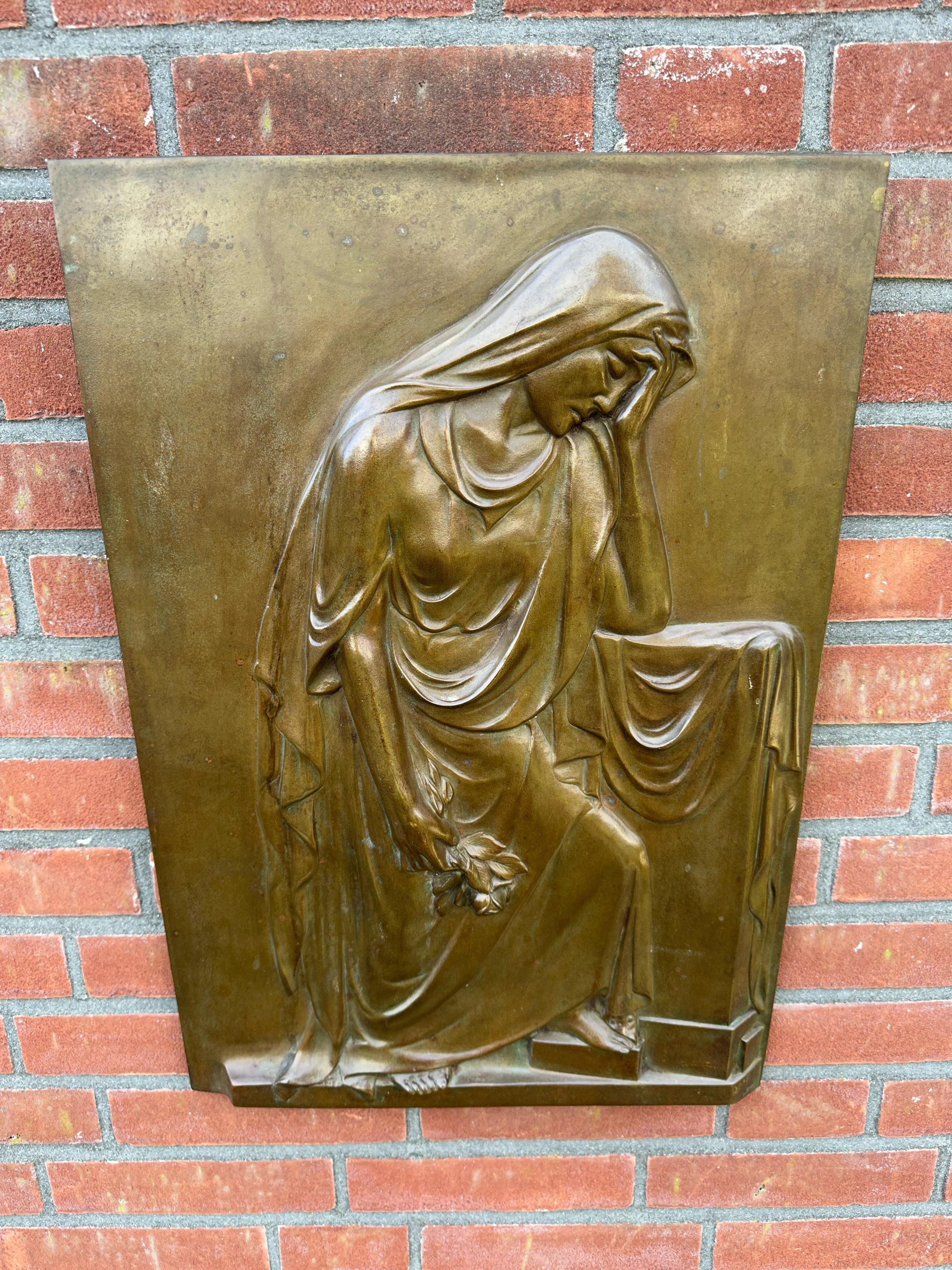 Large Solid Bronze Antique Jugendstil Wall Sculpture Plaque of a Mourning Female For Sale 5