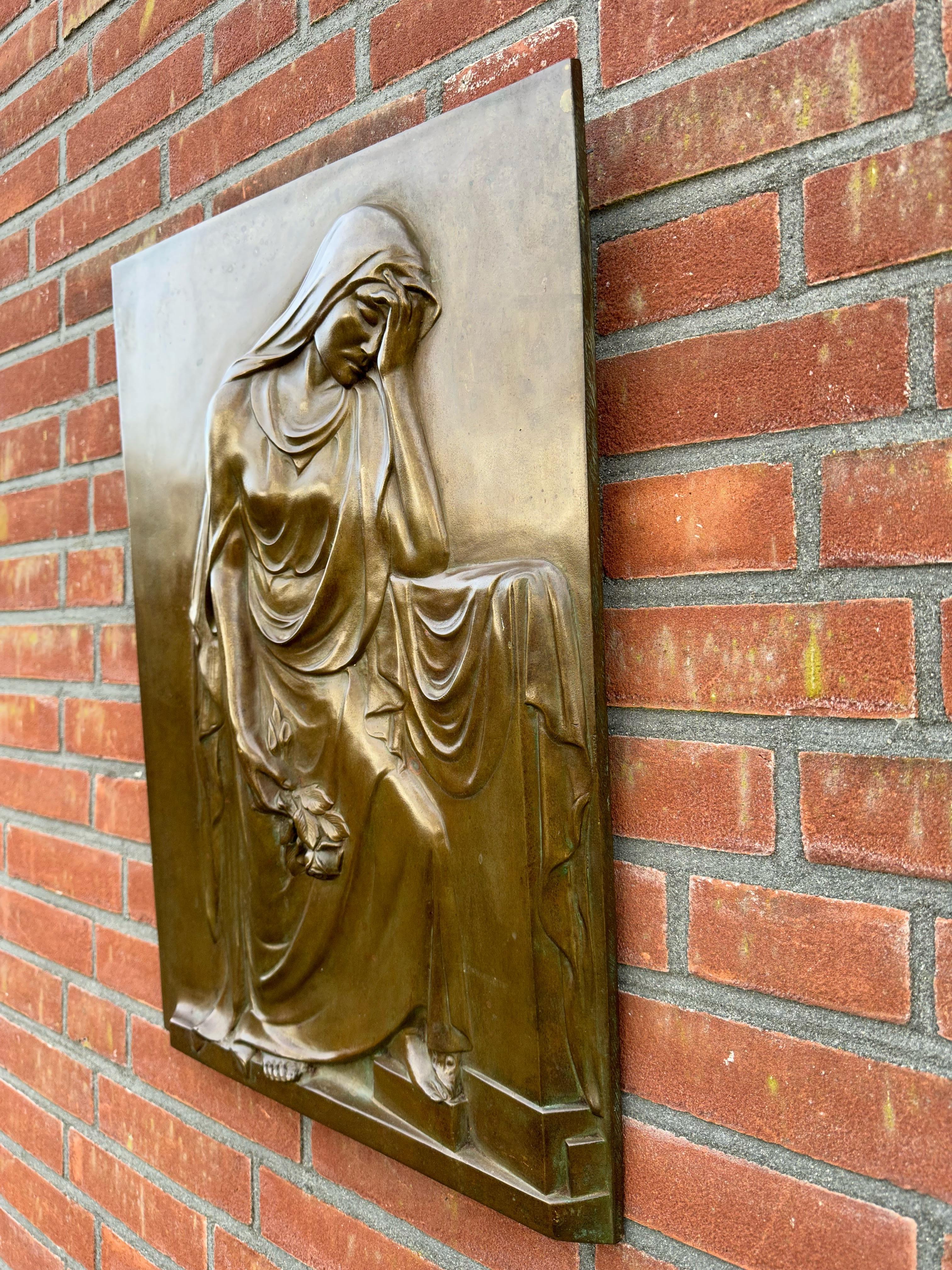 Large Solid Bronze Antique Jugendstil Wall Sculpture Plaque of a Mourning Female For Sale 8