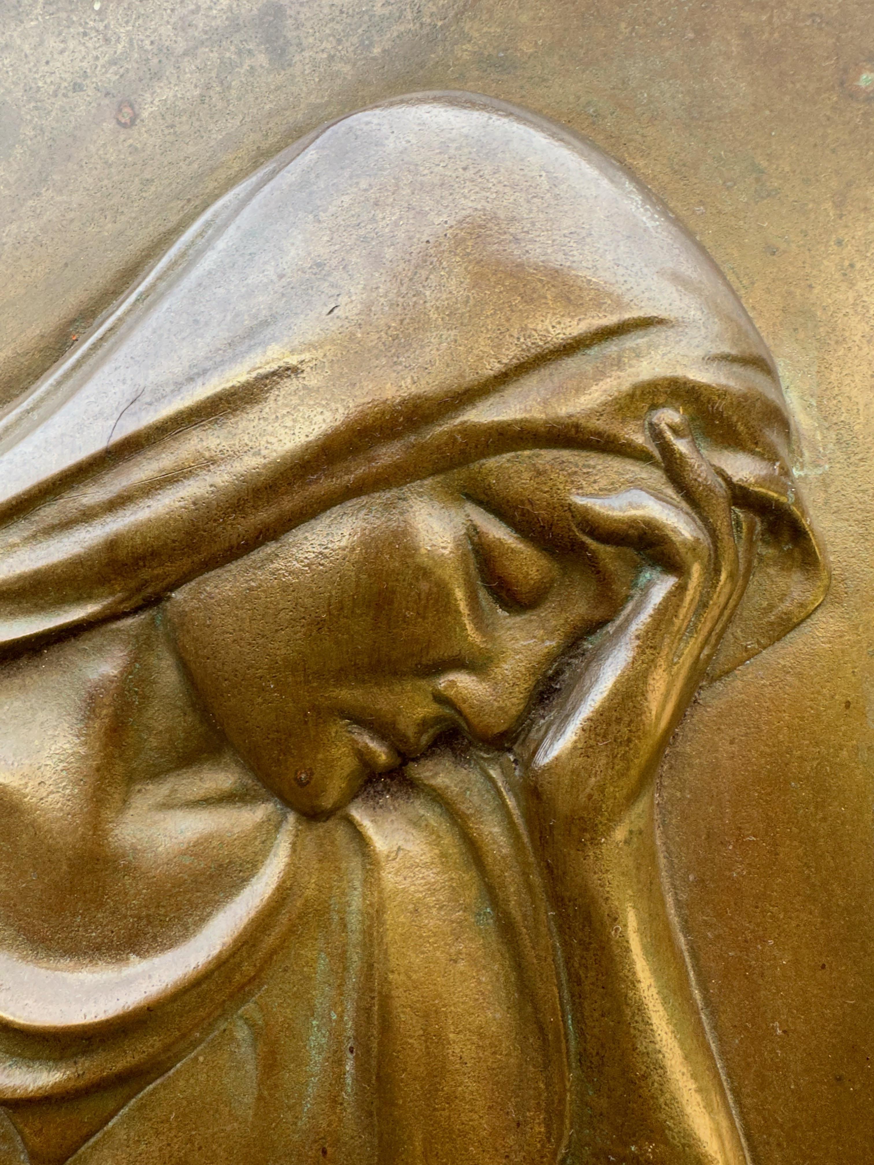 Large Solid Bronze Antique Jugendstil Wall Sculpture Plaque of a Mourning Female For Sale 10