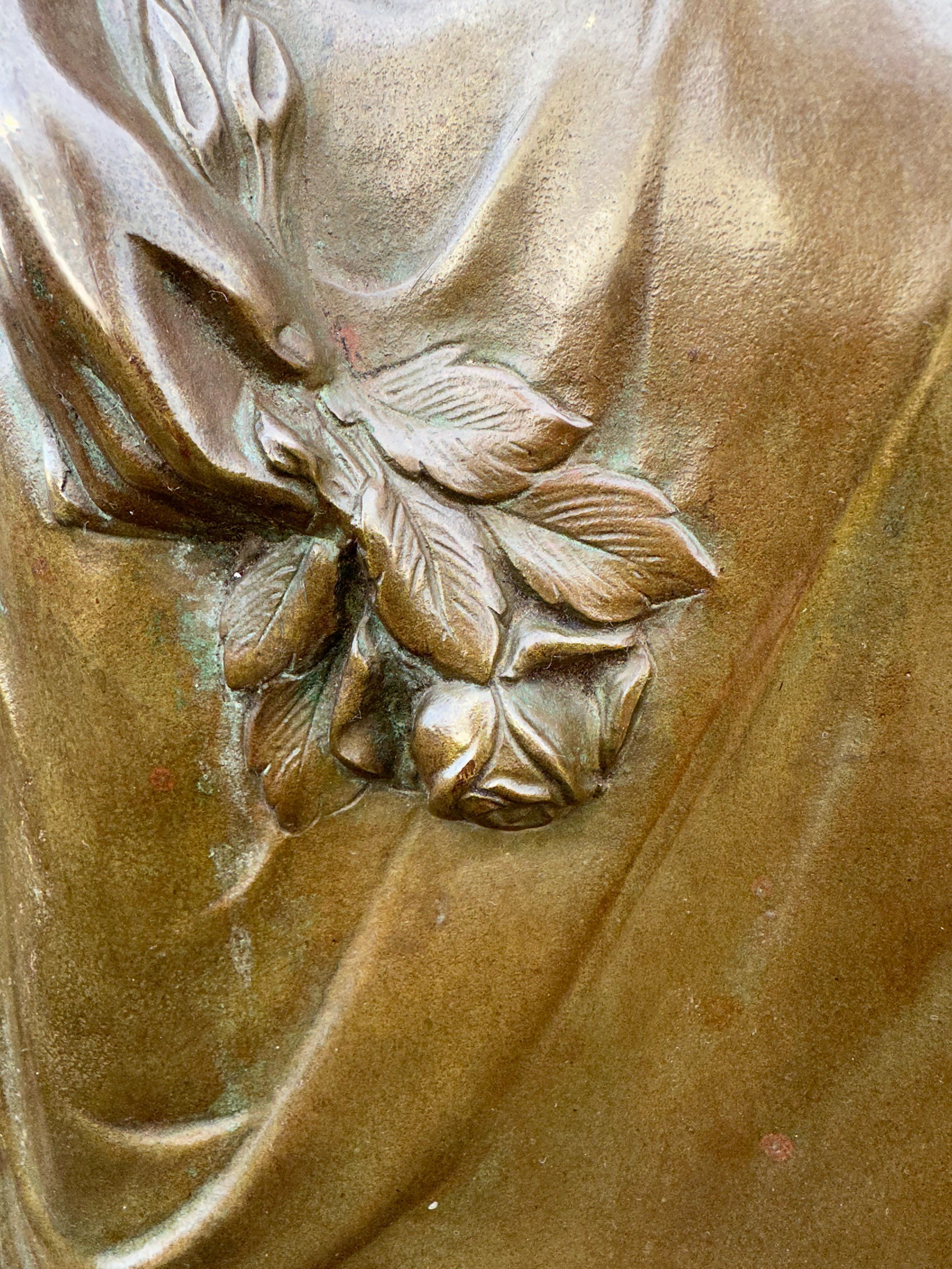 Large Solid Bronze Antique Jugendstil Wall Sculpture Plaque of a Mourning Female For Sale 12