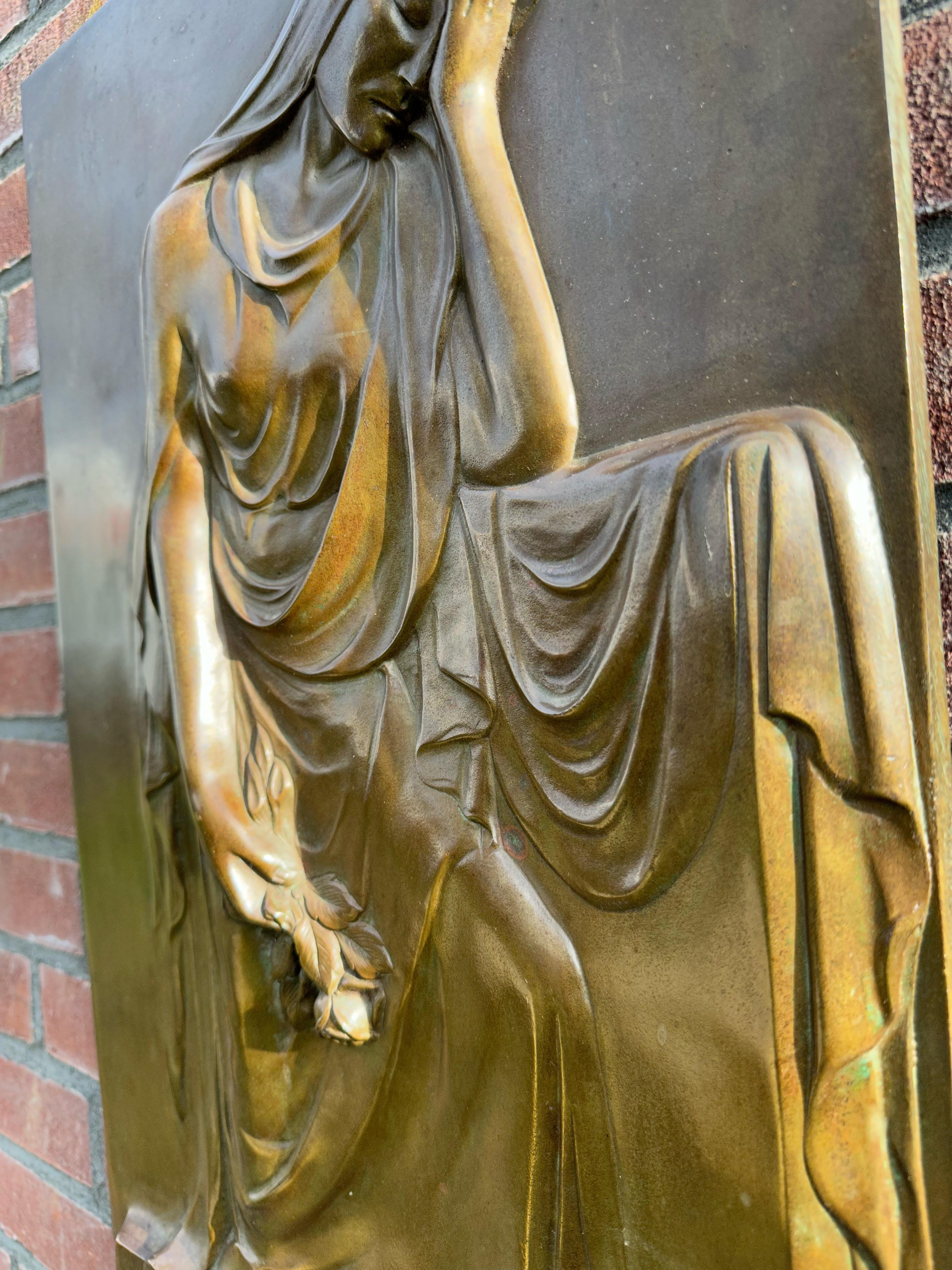 European Large Solid Bronze Antique Jugendstil Wall Sculpture Plaque of a Mourning Female For Sale
