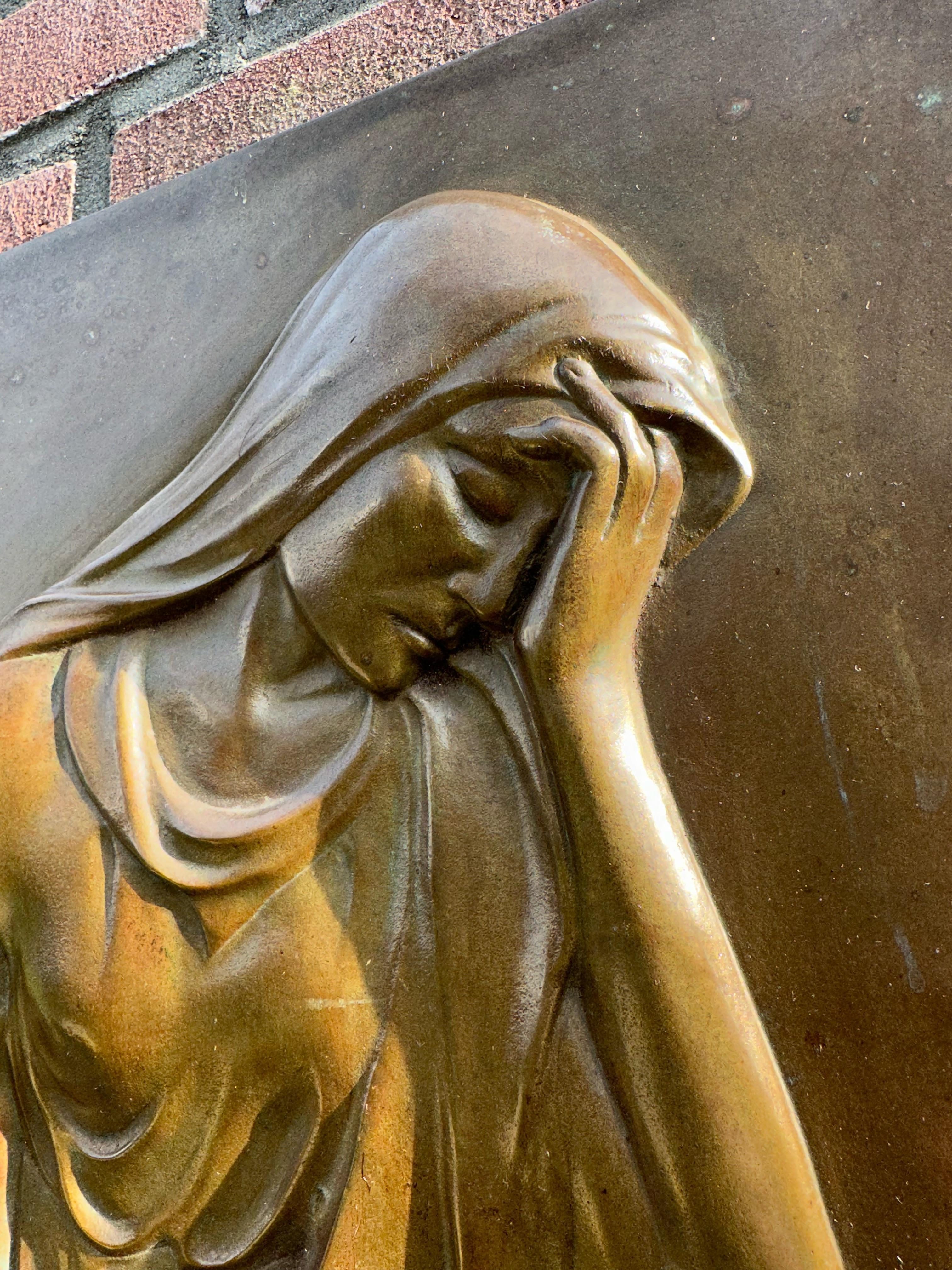 Hand-Crafted Large Solid Bronze Antique Jugendstil Wall Sculpture Plaque of a Mourning Female For Sale