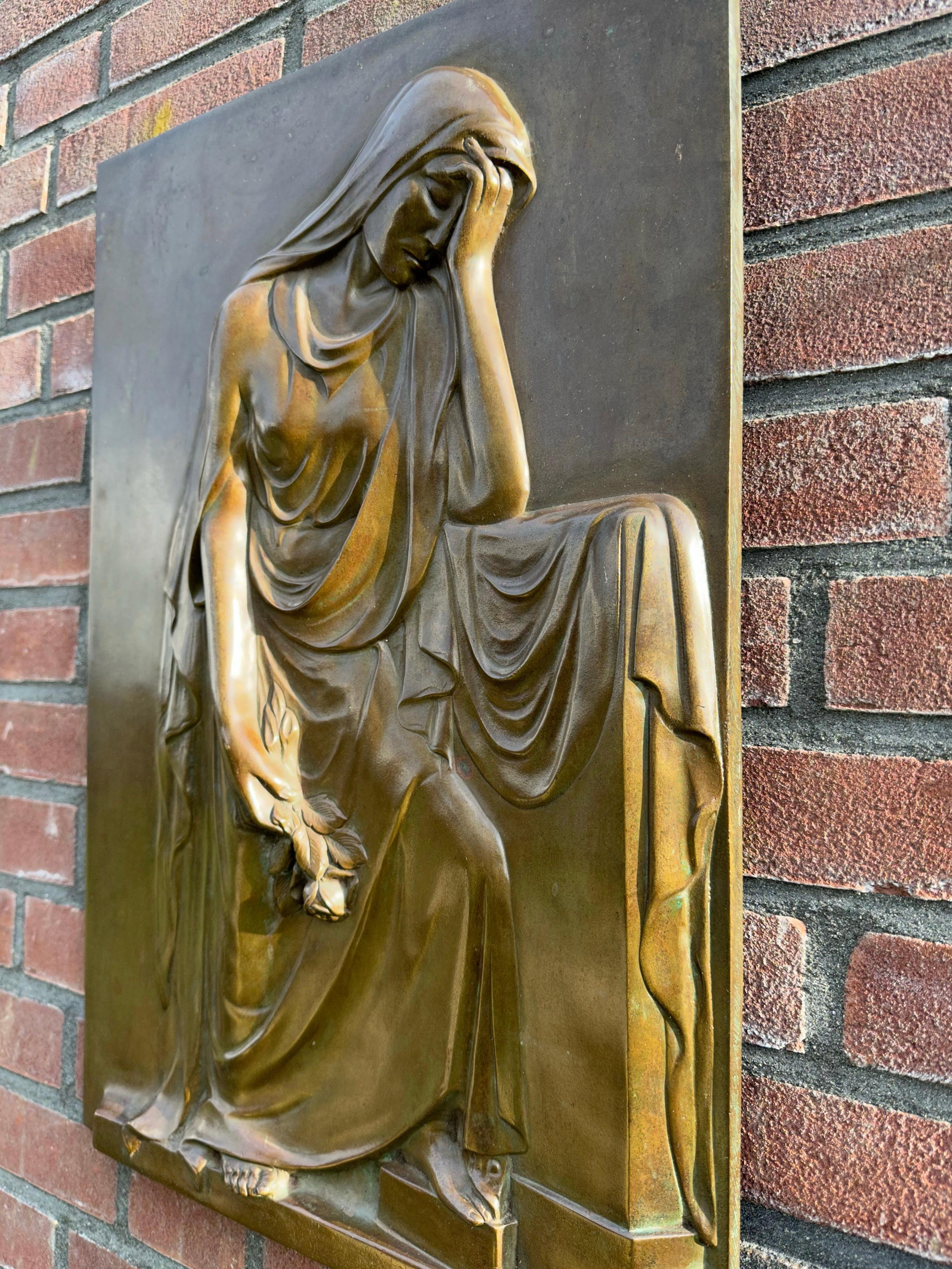 20th Century Large Solid Bronze Antique Jugendstil Wall Sculpture Plaque of a Mourning Female For Sale
