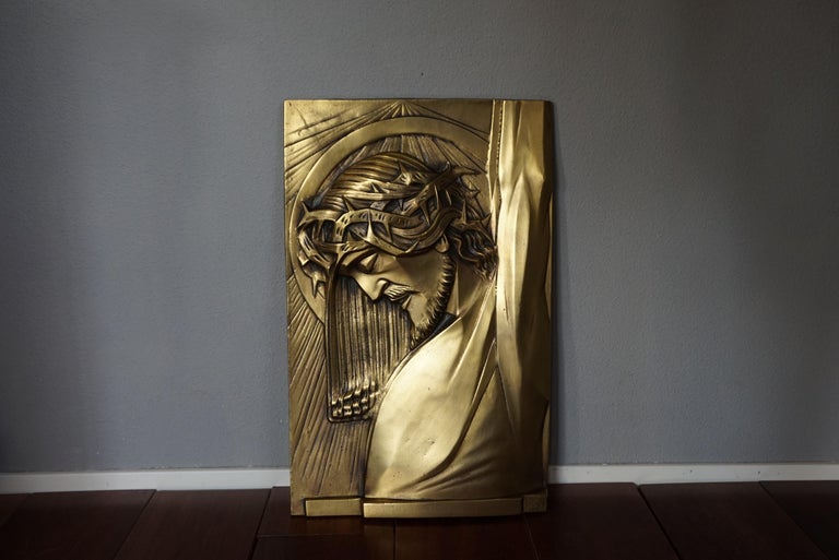 Large, Solid Bronze Art Deco Wall Sculpture of Christ on the Cross by S