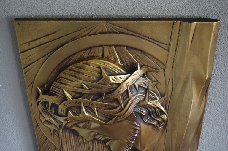 Large, Solid Bronze Art Deco Wall Sculpture of Christ on the Cross by S