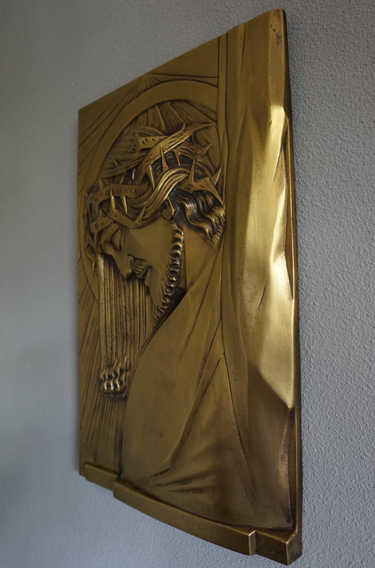 Large, Solid Bronze Art Deco Wall Sculpture of Christ on the Cross by S