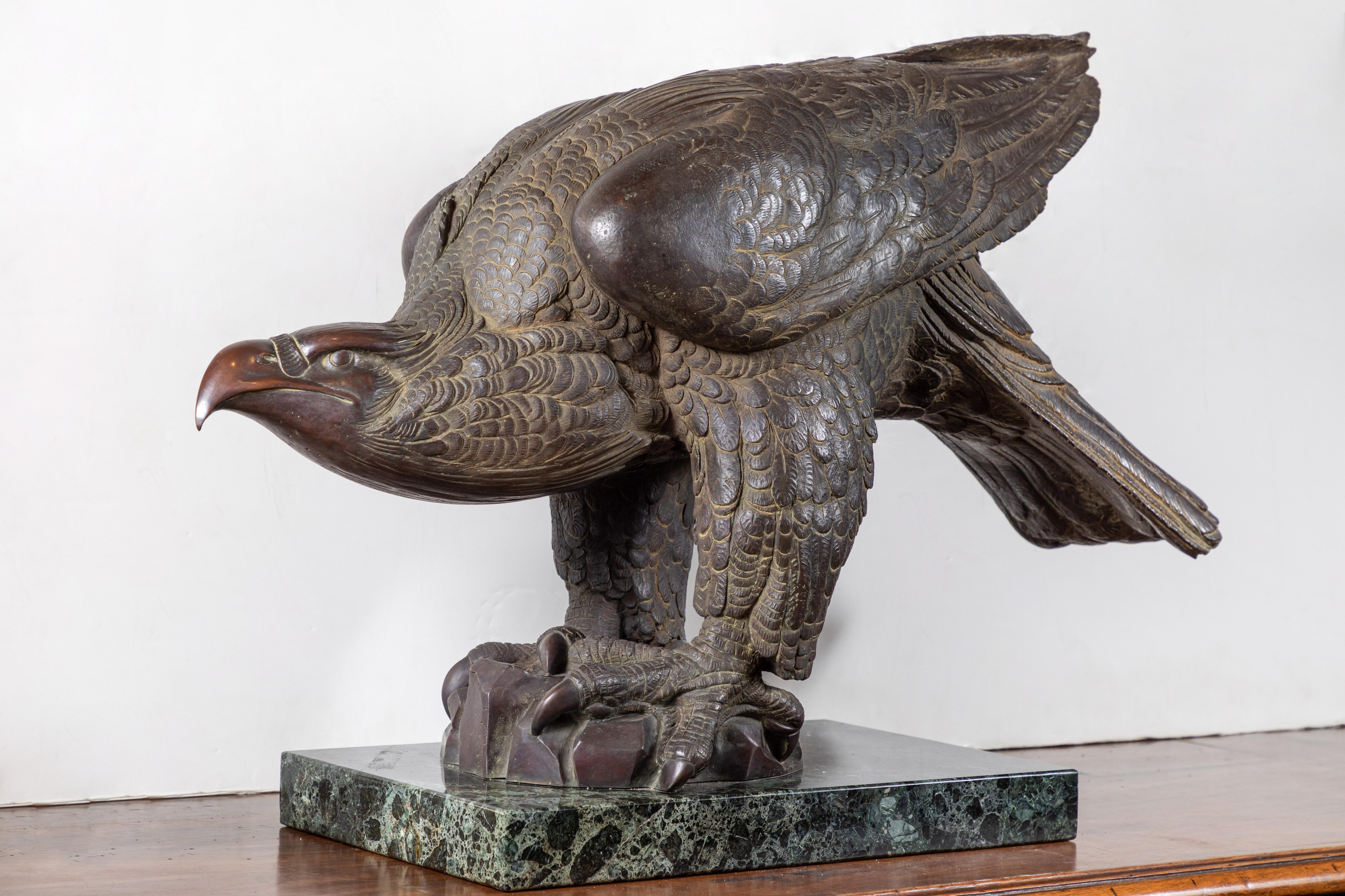Fabelhafter, detailliert gearbeiteter Bronzefalke aus den 1920er Jahren, der nach einem Wachsausschmelzverfahren von dem bedeutenden italienischen Künstler Sirio Tofanari (1886-1969) gegossen wurde. Ausgeführt von der Fonderia Artistica Ferdinando