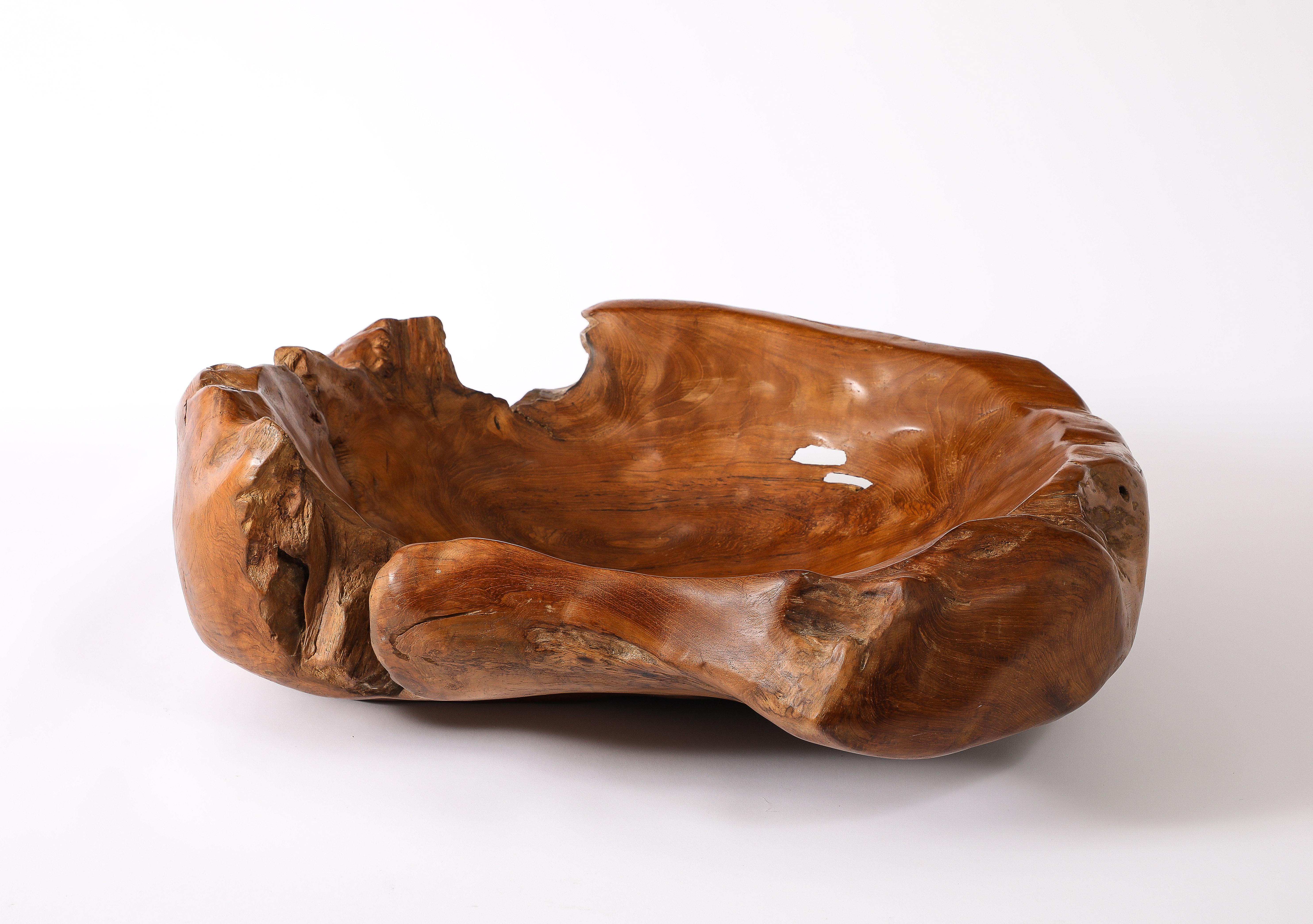 French Large Solid Burlwood Carved Vessel, France 1950's For Sale