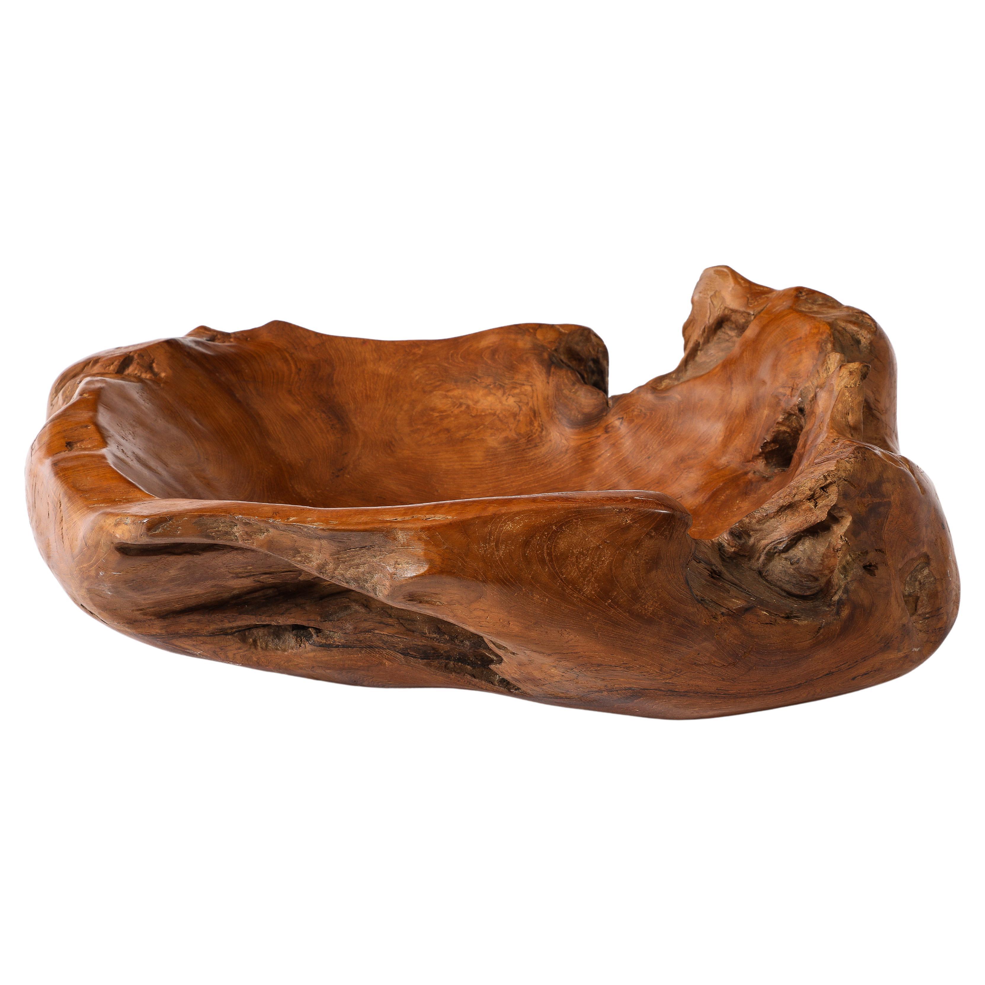 Large Solid Burlwood Carved Vessel, France 1950's For Sale