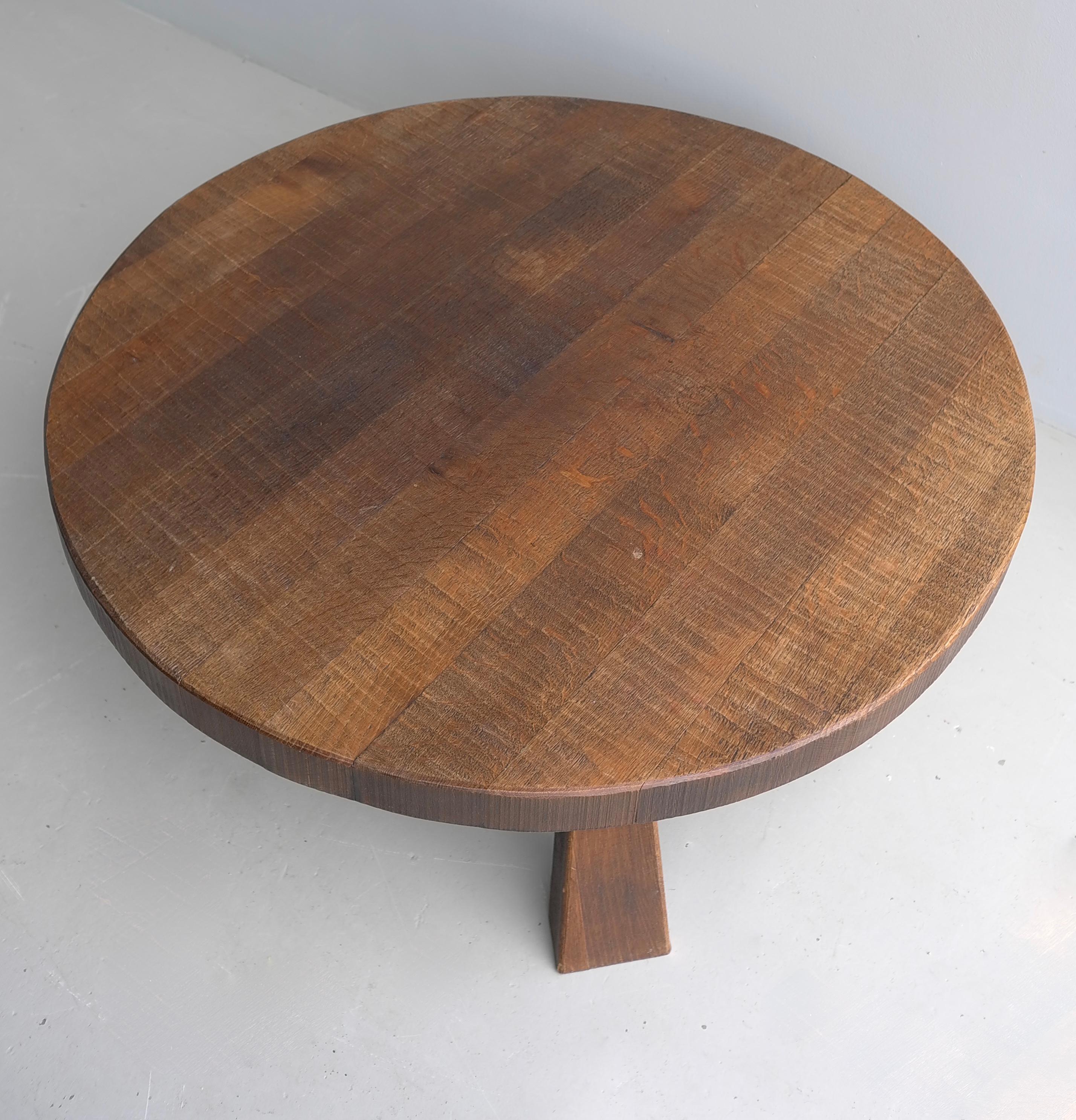 Brutalist Large Solid dark Oak Rustic Artisan Round Coffee Table, France, 1960s For Sale