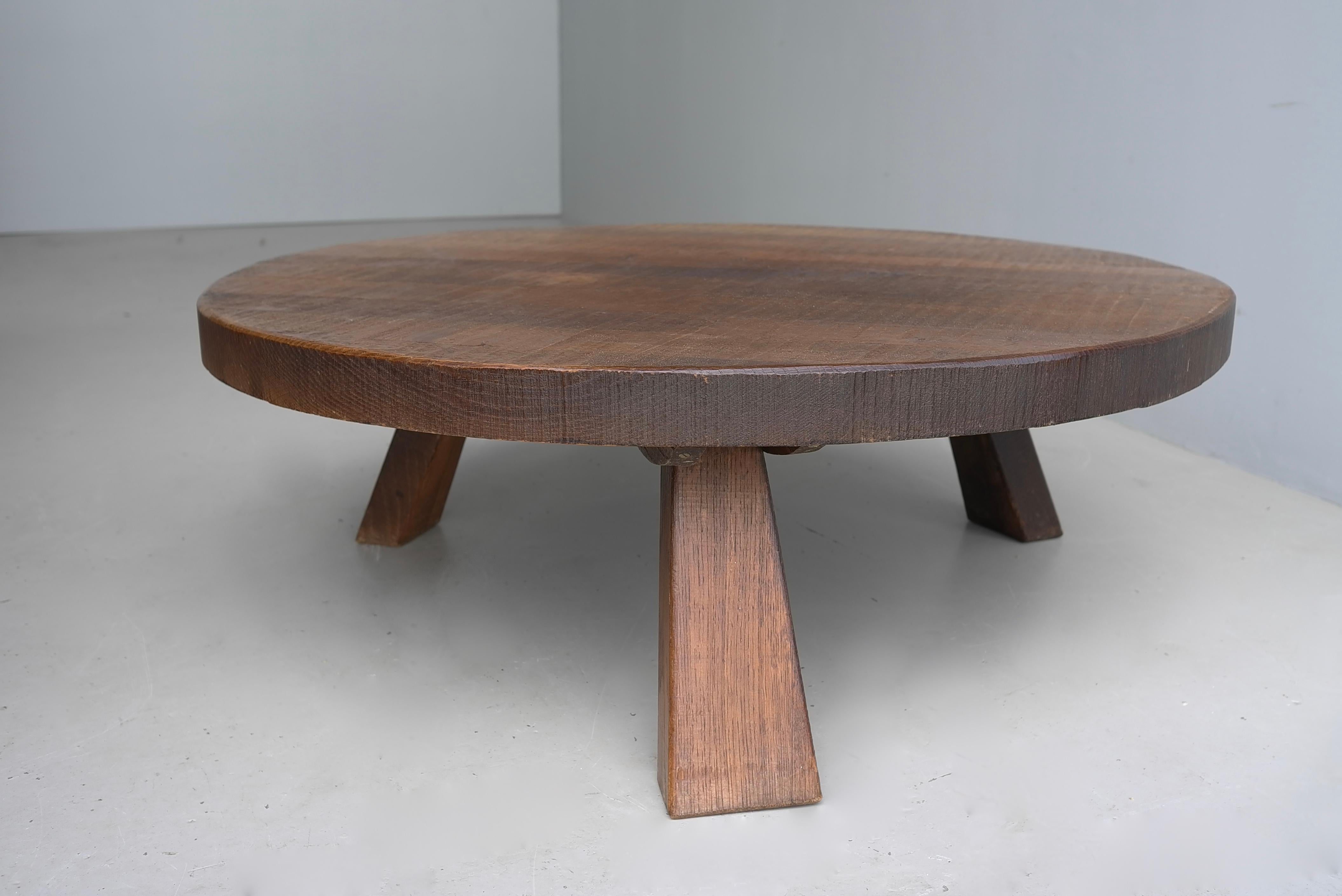 Mid-20th Century Large Solid dark Oak Rustic Artisan Round Coffee Table, France, 1960s For Sale