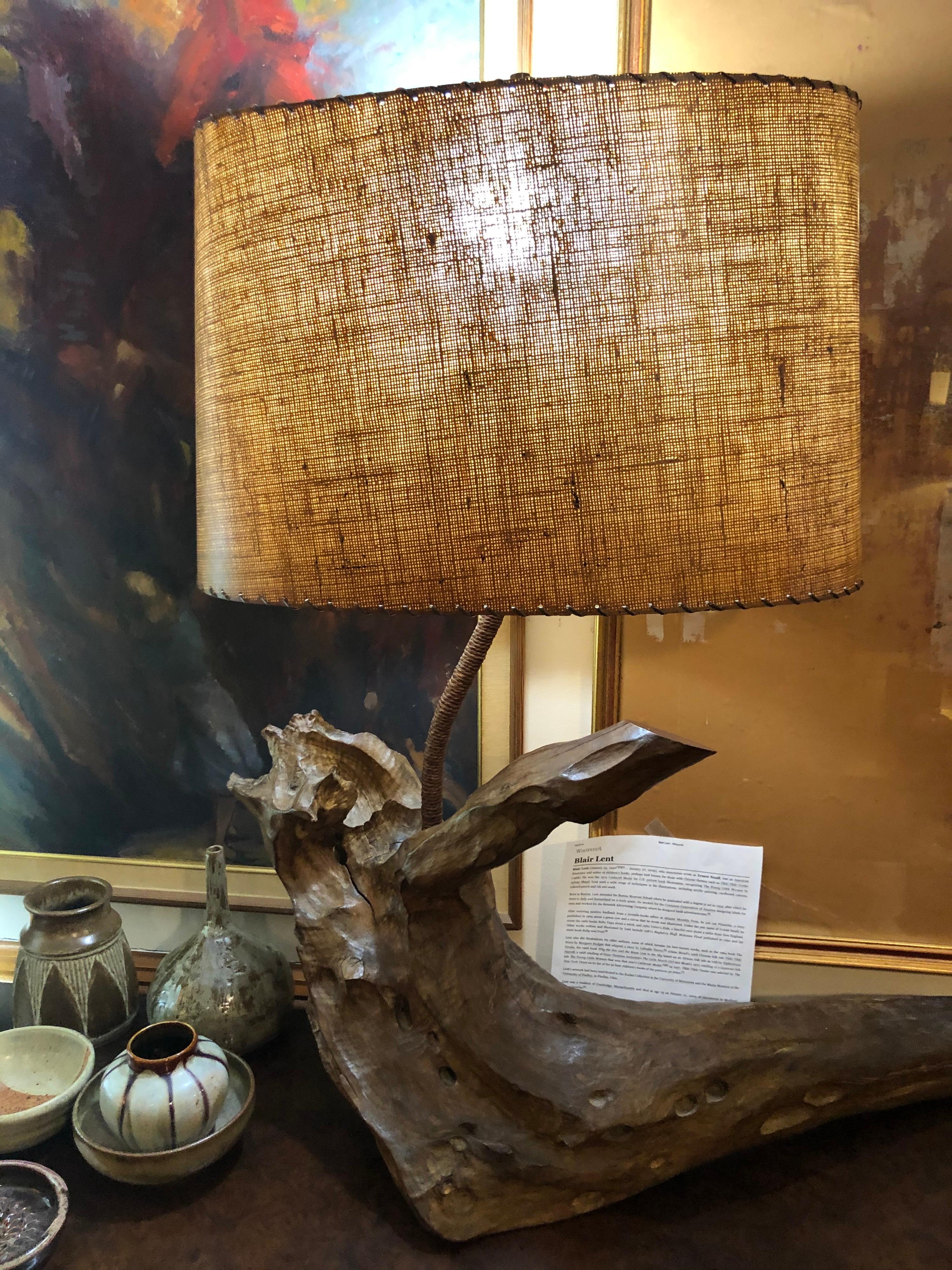 Large Solid Driftwood Lamp with Shade In Good Condition In Redding, CT
